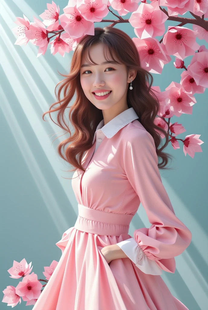 Tabletop, highest quality, 8k, 14 years, Brown wavy hair、Small Tits:1.5、Childish、Baby Face、Absurd, Award-winning portrait, smile, smile, Pure, French, Pink Dress, spring, , Orchard in full bloom, Helena
