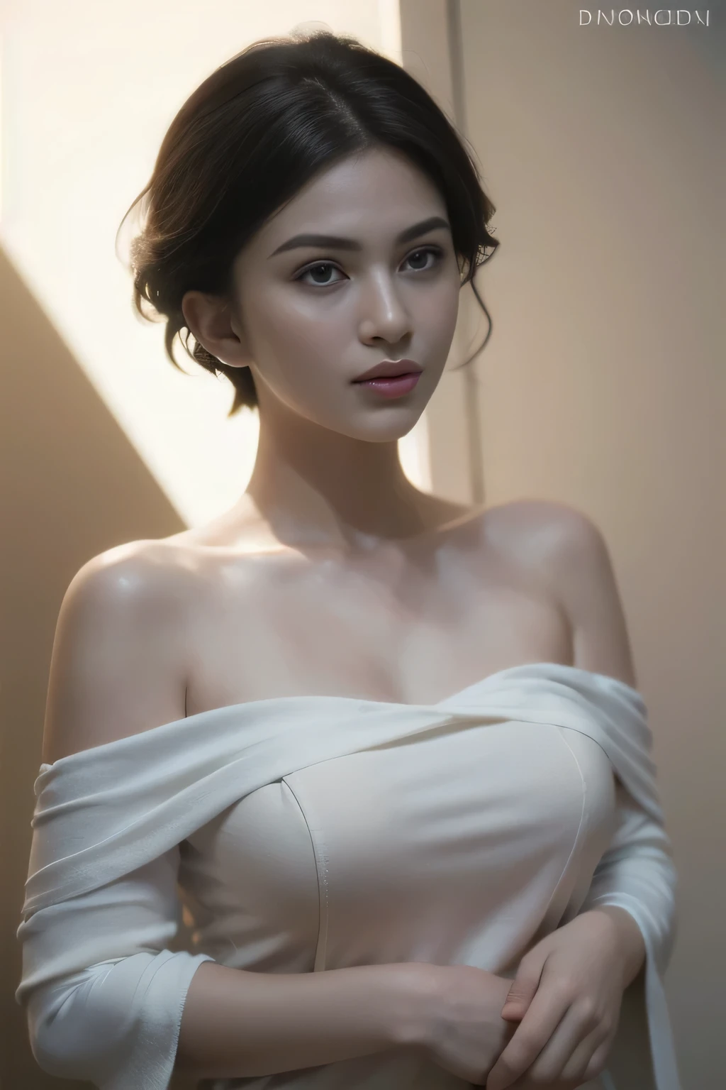 Best quality, masterpiece, ultra high res, (photorealistic:1.5), raw photo, 1girl, offshoulder, in the dark, deep shadow, low key, cold light, sexy look, short hair