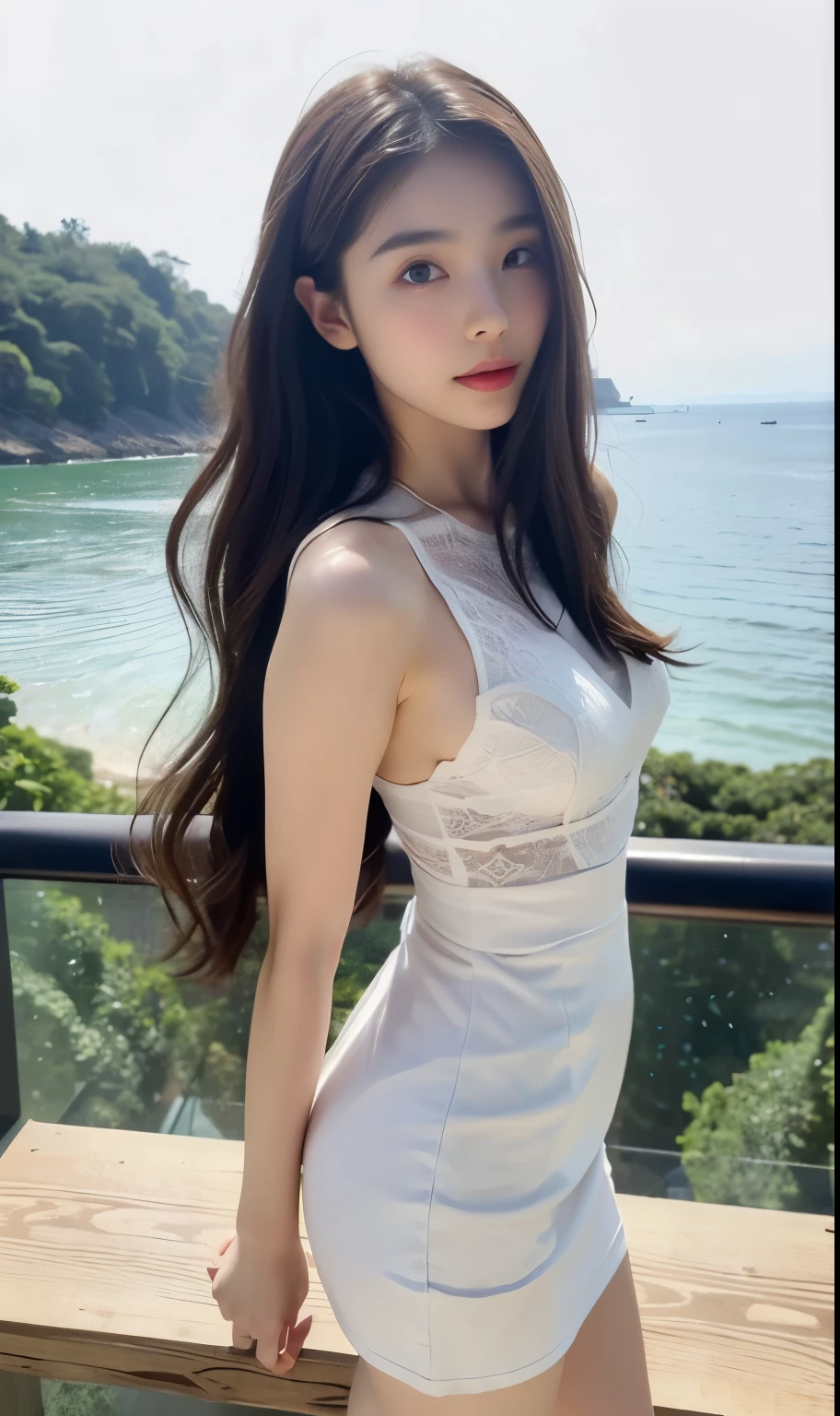 （Original photo of 8K，best qualtiy，tmasterpiece：1.2），focal point：1.2，perfect body figure：1.3，（Medium view），Have by the sea，beachside，beachside，beachside，short  skirt，short  skirt，short  skirt，short  skirt，best qualtiy，tmasterpiece，（Small mouth：1.2），an extremely delicate and beautiful one，8k wallpaper，astounding，finely detailled，tmasterpiece，Best quality at best，（age 22：1.2），Narrow waist，Slim，is shy，Pure，adolable，Bushy hair，Soft hair，big breasts beautiful，A detailed eye，（long whitr hair：1.2）