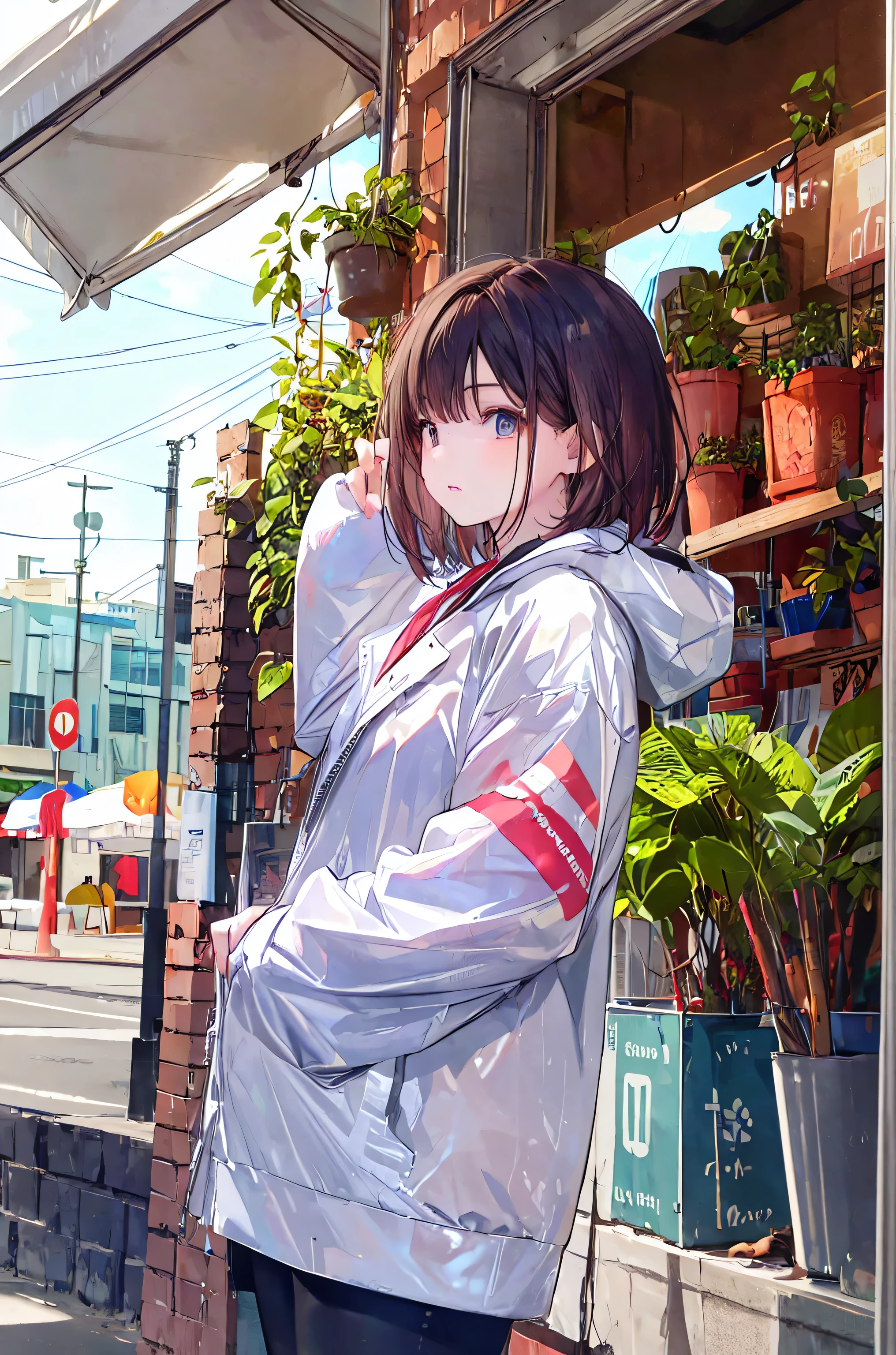 high definition raw color photos , professional shooting, (((((bokeh))))), written border depth, captured with a sony α7 IV,(maasterpiece),Best Quality, cute girl leaning on a wall, is embarrassing, blanking, Intimate moments, cute, cropped shirt, Look Down, High Angle, close, BREAK she is is embarrassing, she is blanking, forest setting , cute imgae, Hair,Shortcuts,unkempt hair on left eye,Short braided hair,Neat, slender beautiful woman, correct posture,Small chest,Beautiful Legs,with blue eyes, enchanting gray-blue eyes shine like stars,droopy eyes,bright colors,beautiful eyes,A delicate smile,Textured Skin,Best Quality, gentle and beautiful woman ,anime style、