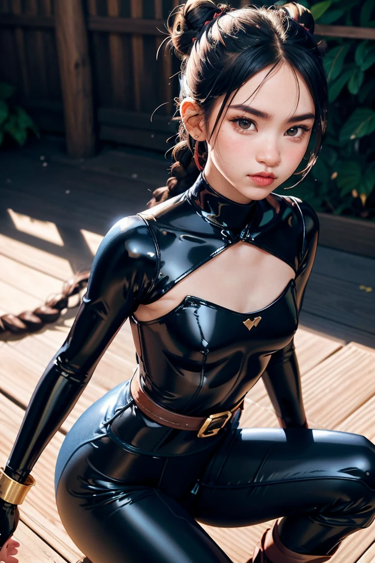 Pretty nerdy Chinese girl, detailed face and eyes, looking at viewer, masterpiece, best quality, shallow depth of field, 8K HDR, huge breasts, 85mm photo, shallow depth of field, tack sharp, (1girl:1.9), 18 years old, , black hair, tanned skin, short ponytail, 4’9” height, (wearing skin tight leotard:1.7), (see abs through clothes, chiselled abs, shredded 12-pack abs:, abs of steel, shredded abdominal muscle, cut lower obliques, washboard abs:1.6), (slim body:1.2), gorgeous, standing in the gymnasium, wearing make up, (beautiful feminine face:1.8)