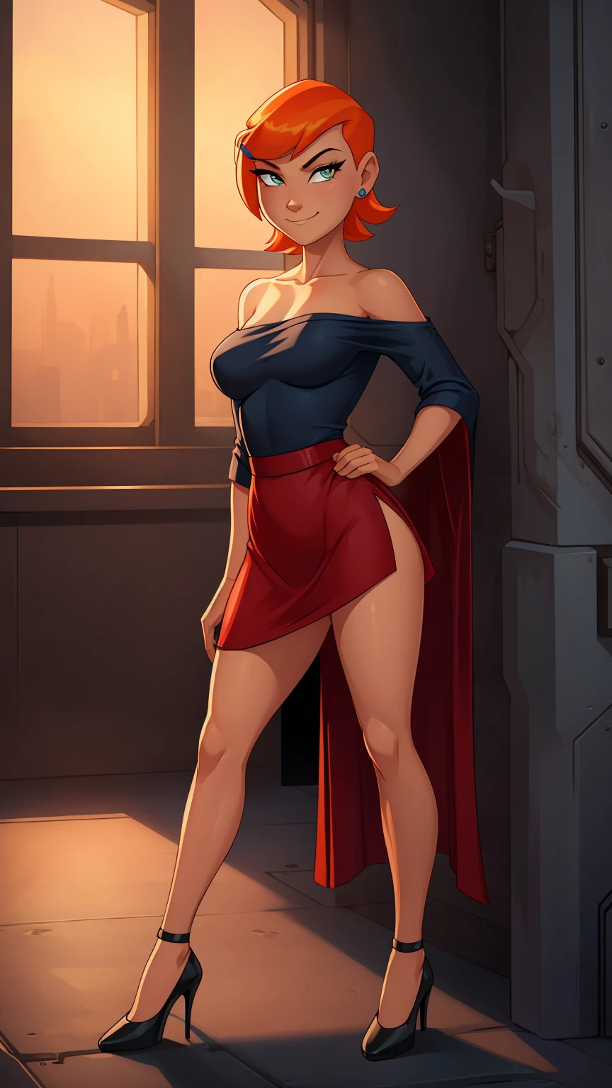 ((high detailed, best quality, 4k, masterpiece, hd:1.3)), (((8k))), cowboy shot, hotel room, bonfire, Princess Daisy, neon blue eyes, seductive, attractive, smooth anime cg art, 36C breasts, cleavage, vivid colors, detailed digital art, slim body, perfect skin, dark red hair, long hair, dark hair, red hair, looking at viewer, BREAK looking at viewer, extremely detailed face, red necktie, red skirt suit, red suit, red jacket, black shirt, red pencil skirt, red panty hose, full body, (red high heels), (high heels), earrings, gem, dark black makeup lips, dark gothic eyeshadows, dark eyeshadows, black eyeshadows, black sexy lips, black lips, (dark:1.2), dark lips, very dark lips, (perfect hands, perfect anatomy), black makeup, detailed fingers, five fingers per hand, 5 fingers, (1 girl), detailed lips, detailed black lips, black painted lips, gothic painted lips, (breast focus), (from above:1.1), (breasts out:1.3), (off shoulder:1.1),