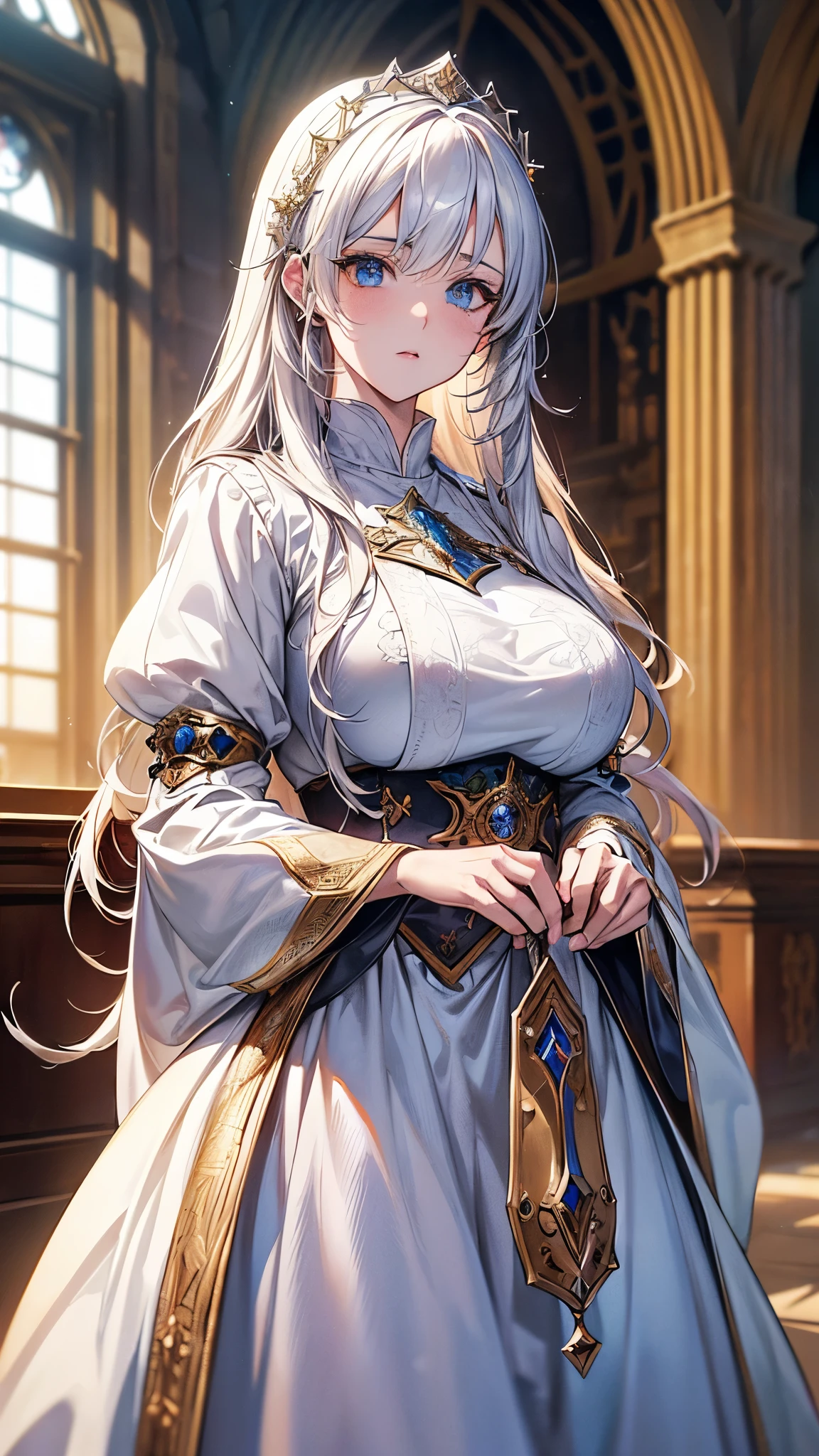 highest quality、masterpiece、8k、Realistic、超High resolution、Very delicate and beautiful、High resolution、Cinema Lighting、medium range shooting、Portraiture、Perfect female body、Beautiful woman、Mature Woman、Opposition、(Big Breasts:1.4)、Looking at the audience、(Princess of Another World、Gorgeous Dress、Crown、Shining Jewel、White hair chignon、blue eyes、Elegant behavior、Palace Gardens、A delicate tiara、Silk gloves、Embroidered gown、royal coat of arms、Gold Jewelry)、Audience Room、Elegant smile、traditional ceremony、Palace balcony、Historic Royal Family、Otherworldly background、Symbols of the Kingdom。