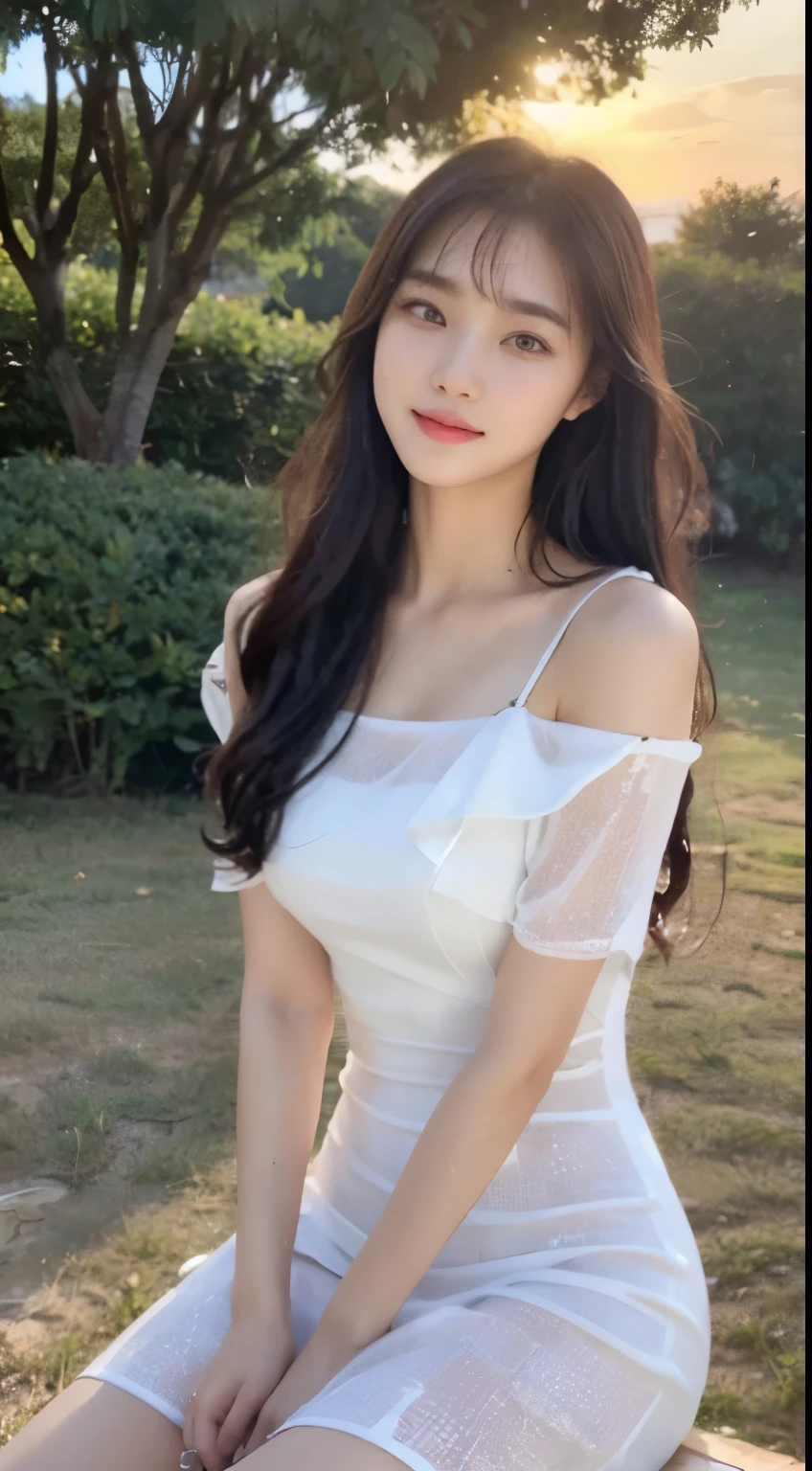 (1 Korean star with royal sister style), ((Best quality, 8k, 巨作: 1.3)), focal point: 1.2, Perfect body proportions: 1.4, (Make a smile), (Sunset: 1.3), Watery eyes, Highly Detailed Face and Skin Textur, Fine eyes, Double eyelids, Whitens the skin, (long white hair, Air bangs: 1.3), (Round face inches: 1.5), (Wet dress dress: 1.4), (Sketch 1:2,)rural landscape。 Take photos while sitting in a medium-to-long distance pose。