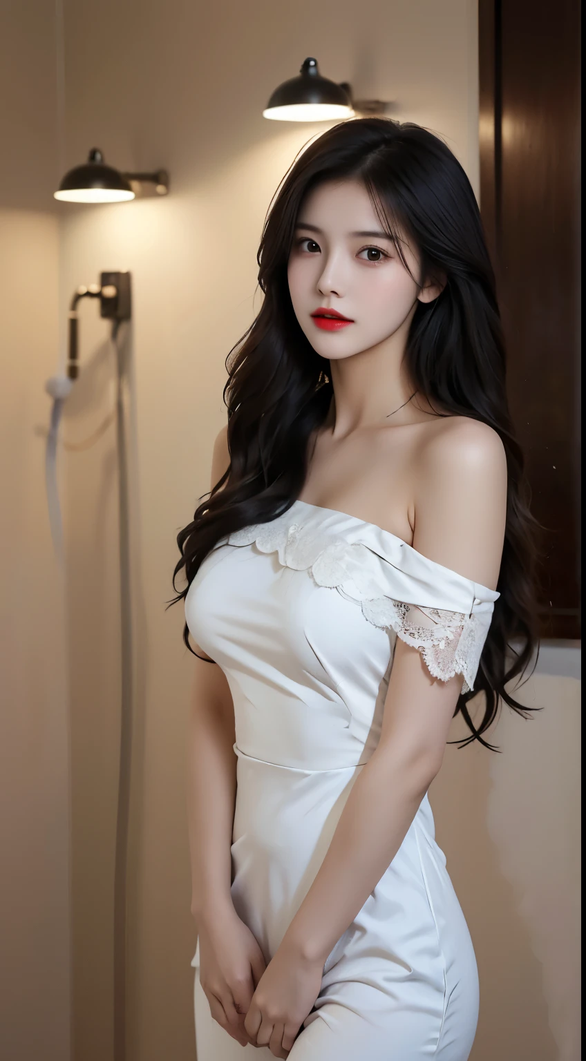 A perfect young female white-collar worker,Chinese big breasts,High picture quality,Works of masters,Black hair,Long hair shawl,Long hair flowing over the shoulders,Beach wave hairstyle,cropped shoulders,clavicle,exquisite face,Hydrated red lips,(Wear a bandeau dress(Lace material,Silk clothing,Real Human,(White interior wall background:1.5),CG rendering,16k,Stand up,Empty interior,Do not show your hands,Close-up shot