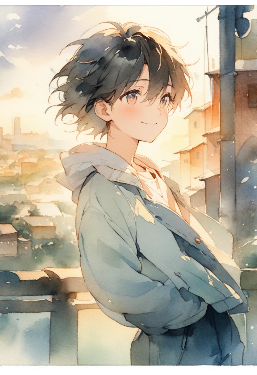 best qualtiy， tmasterpiece， 超高分辨率， realisticlying， 1 boy，（White inch），Heterochromic pupils，（ssmile）（Gaze on the cheeks），Messy shirts，denim pant，athletic sneakers，window，wide angles