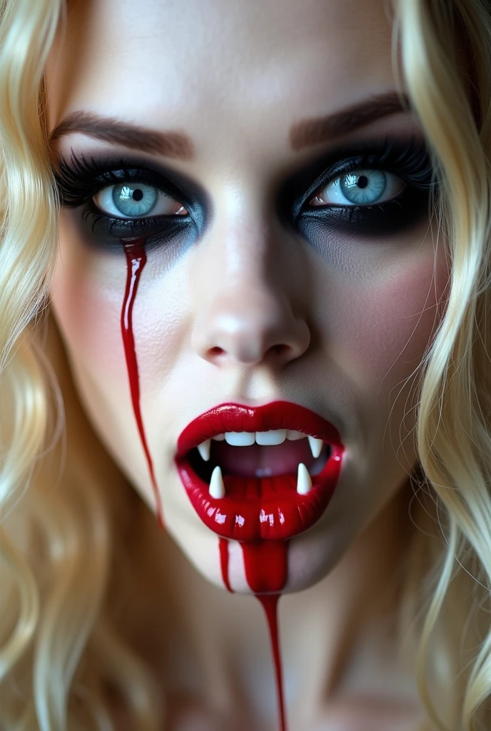 a close up of a woman with red hair and a vampire makeup, vampire girl, vampire portrait, dark vampire, female vampire, cute face. dark fantasy, vampires fantasy, with fangs, beautiful vampire queen, in style of dark fantasy art, beautiful vampire female queen, dark fantasy style art, vampire teeth, beautiful female vampire, victorian vampire