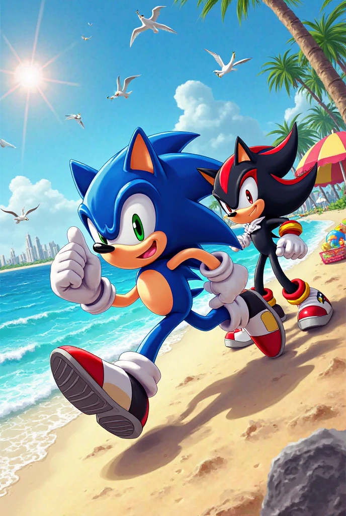 Create Shadow the Hedgehog but in a blushing female version wearing a bikini with Lucario in shorts
