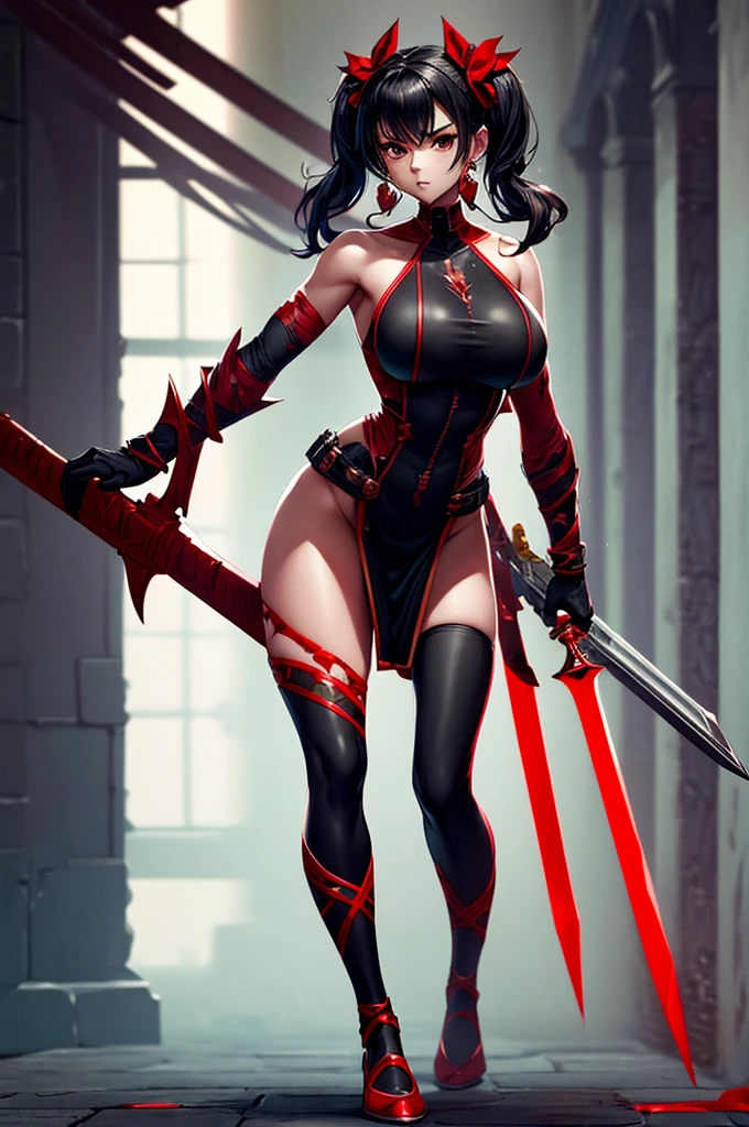 Red skin succubus tiefling, medium breasts, black horns, wings, huge tail, black leather, tall, toned, graceful, thin, long black ponytail. Action scene, whip. Dark scene, explosions, night sky.