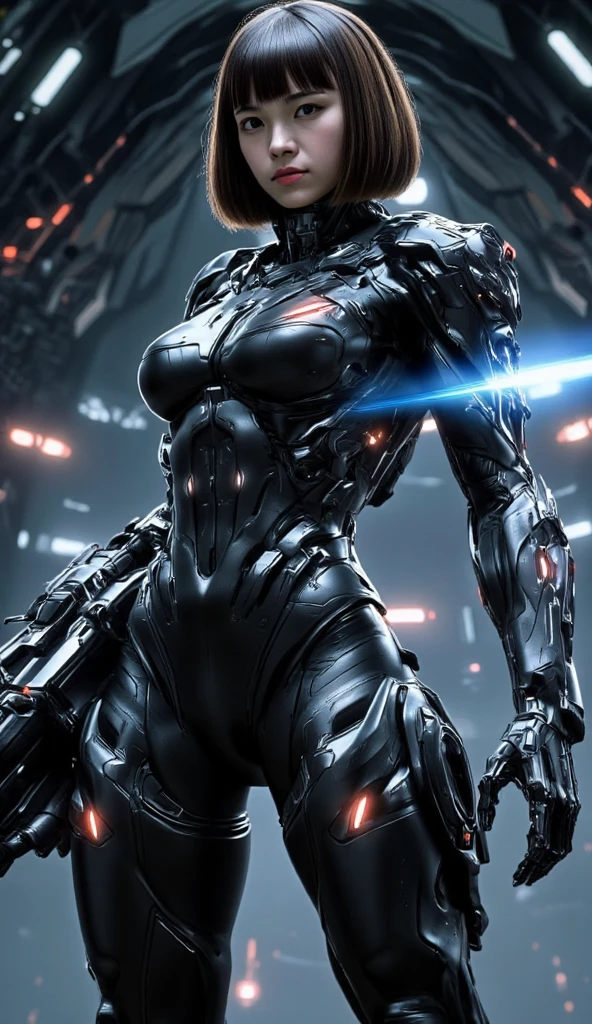 breathtaking cinematic science fiction photo, menacing posture, shiny chrome metal skin, body full of long metal spikes, one long spike in the middle of chest, glowing red eyes, eyes deep in skull, multifaceted eyes, four long metallic arms, pointy sharp fingers, extremely menacing creature, highly detailed, award-winning, it sees you