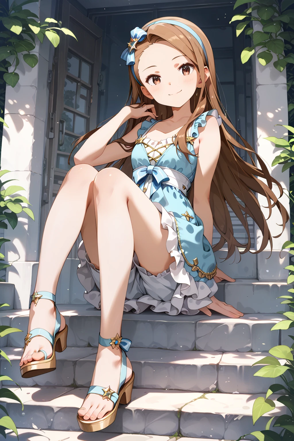 1girl,solo,white dress,smile,fullbody,
aamanaka,brown_hair,long_hair,blue_eyes,scrunchie,
