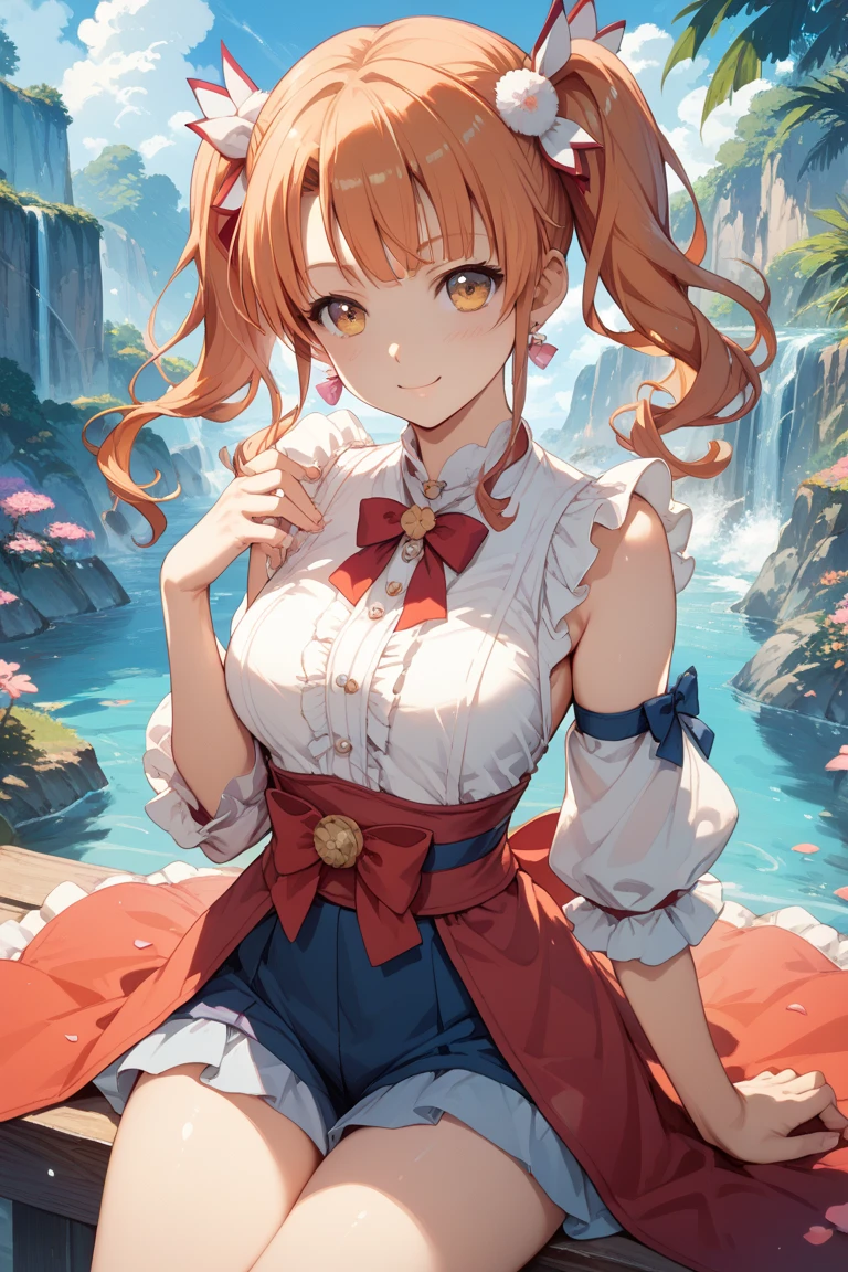 absurdres, highres, ultra detailed, HDR, master piece, best quality, Nami, orange long hair, expressive brown eyes, One Piece, solo, girl, extremely beautiful, pretty, white dress, red jacket, patterns, pink shining butterflies, pink lilies, pink petals, water