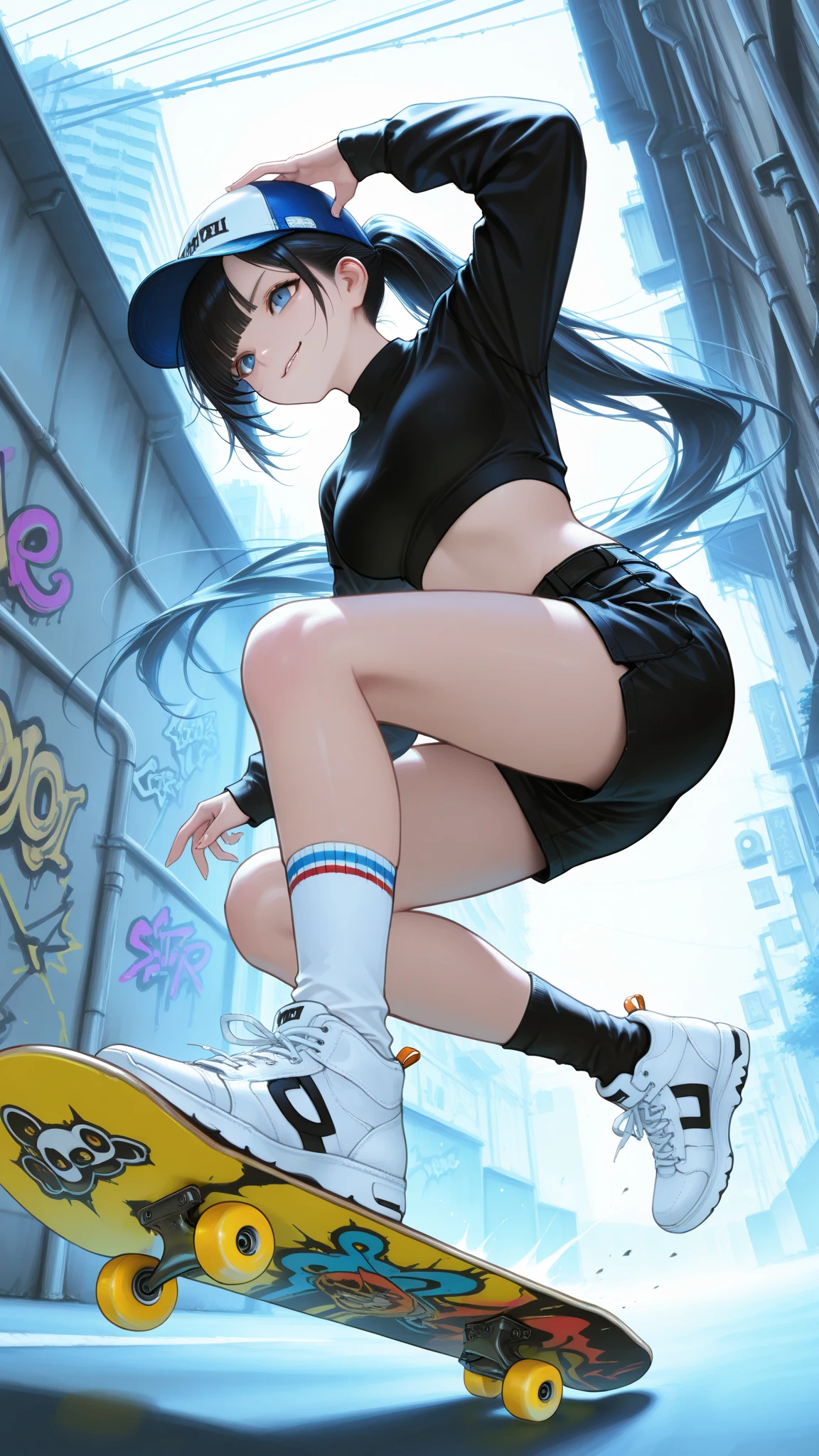 Hinata Hiuga, Double eyelid, Maria Ciquinha Cabelo, roupa branca estilo skatista, rosto detalhado, sapatos de skate, Angry Pose with Hand Up on Air Benje Background with Blue Stripes