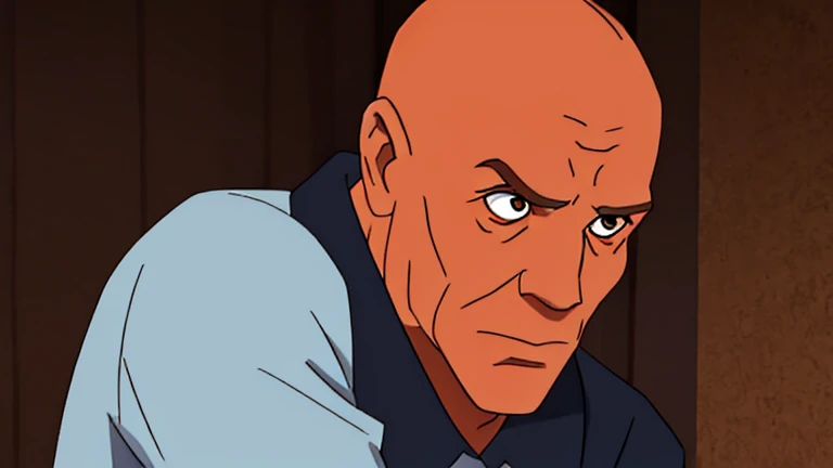 an anxious old bald man medium shot side pose