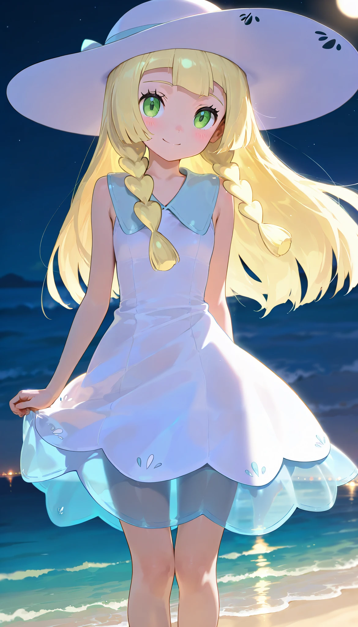 high resolution picture,8k,ultra-detailed, masterpiece, best quality, amazing quality, solo, 1girl,lillie,flat chest,smile,dress,hat,beach,sea,at night ,
