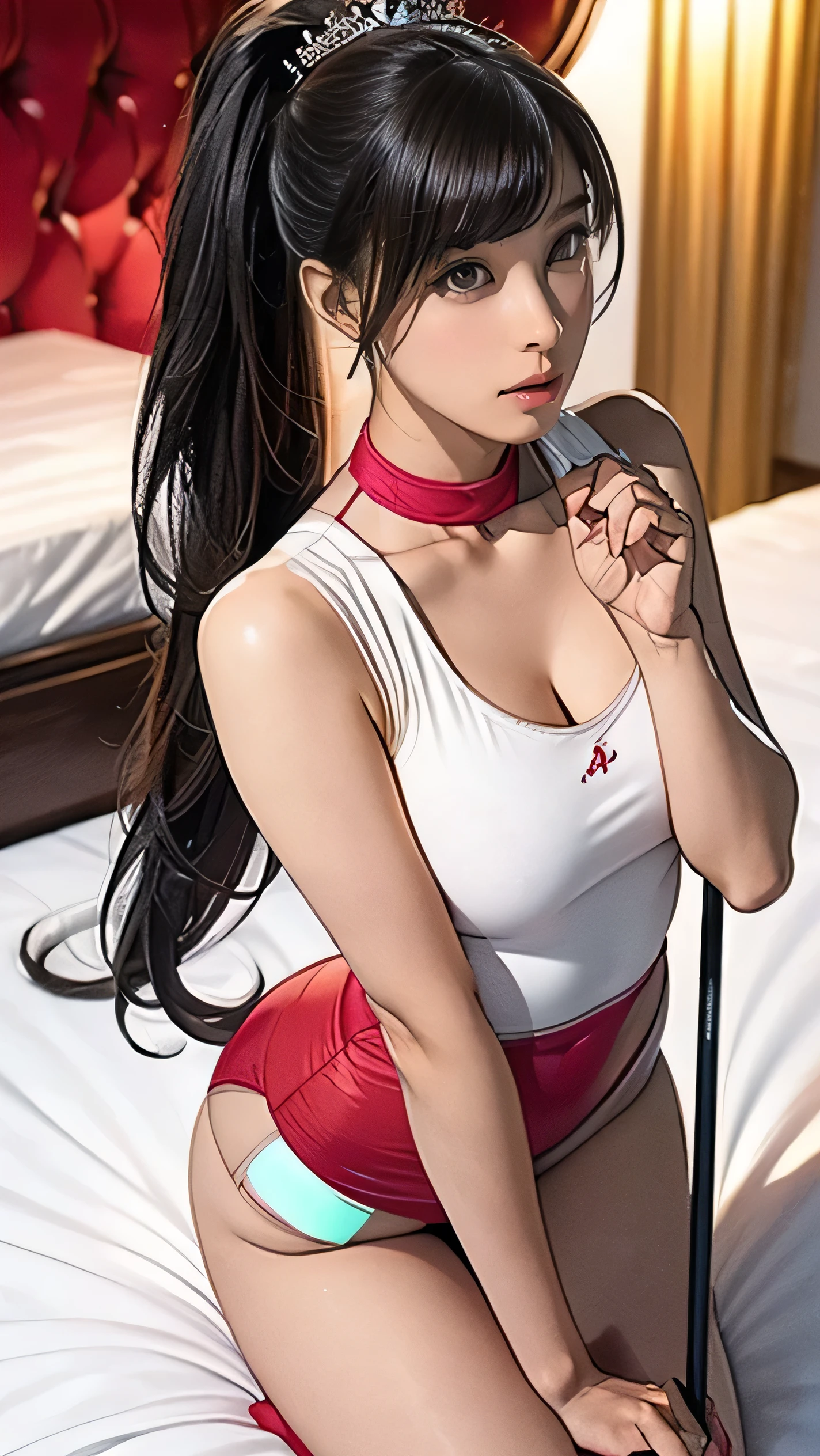 （Shrine maiden、White high-leg bikini:1.9)、(Black Hair、Groin、Red knee-high socks、Big eyes with double eyelids、Beautiful woman、２５age、ponytail、smile、Beautiful Skin、Shrine at night）、Large Breasts、Captivating thighs、Professional Lighting、Are standing、Striking a brave pose