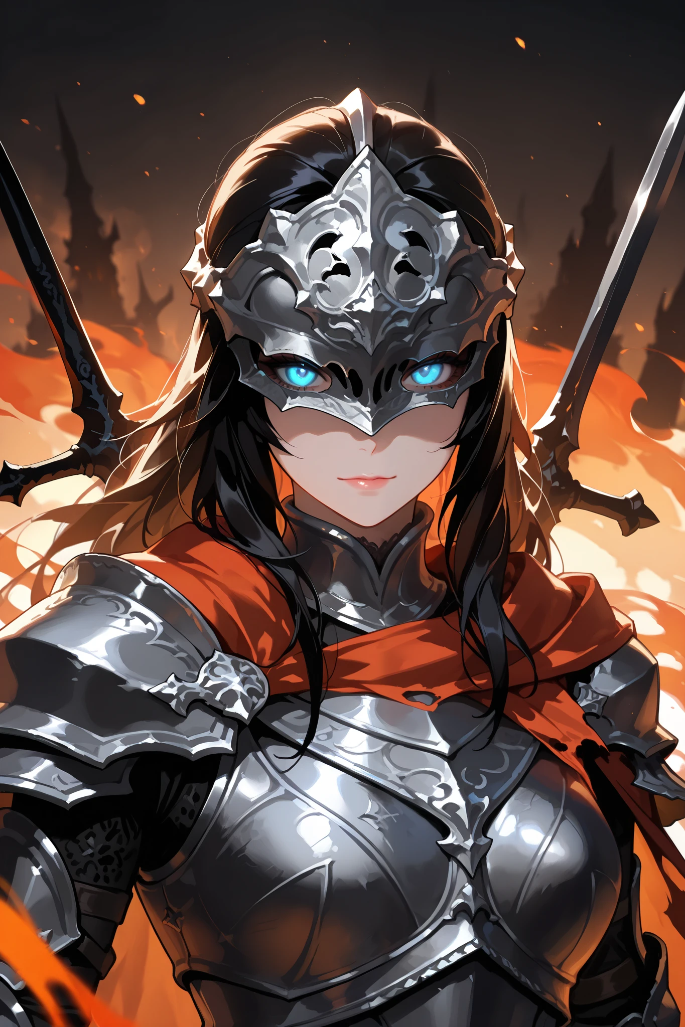 masterpiece, best quality, amazing quality, newest, very aesthetic, 1girl, an intense, evocative portrait from (dark souls 3) art-style,"A fierce woman dons the signature armor of the Abyss Watchers, her sleek, silver-plated helm adorned with the iconic wolf motif. Her crimson cape flows behind her as she moves with deadly grace, twin blades swirling in a dance of fire and steel. Her glowing blue eyes pierce through the darkness, reflecting her unyielding resolve to hunt the Abyss. Blood and ash cling to her armor, evidence of countless battles fought. Despite her small frame, her presence is commanding, a whirlwind of speed and precision. She is a lone wolf, a guardian of the light, forever bound to her duty against the encroaching darkness."