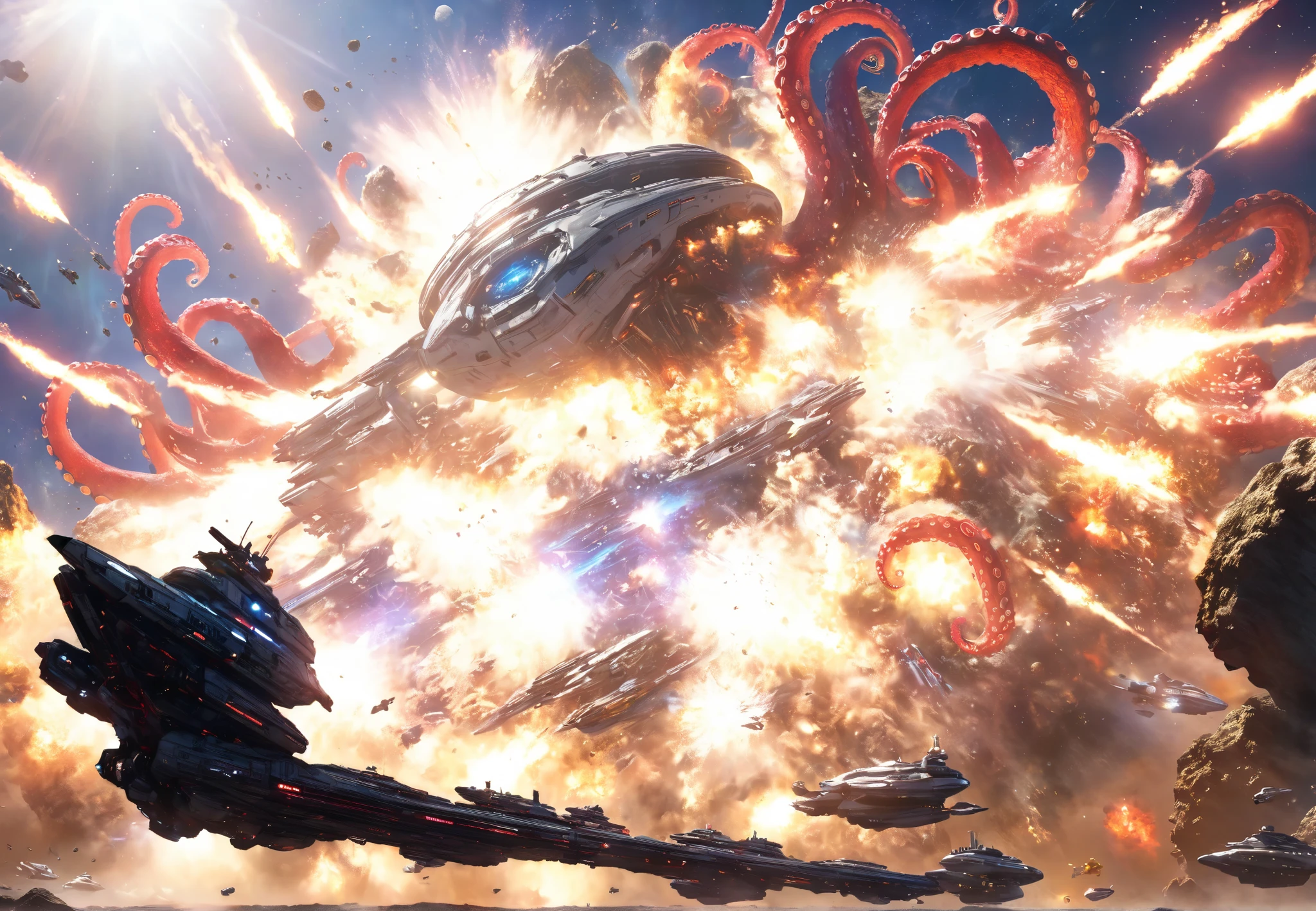 Cosmic Space、Fleet Battle Beams Fly、Explosion in the Distance High Quality、A white spaceship sitting on an asteroid rock mass、A red octopus robot from a different civilization is entangled with its tentacles、4K、8k、high resolution、masterpiece、Extreme detail、real、写真real、HDR、UHD、Studio Lighting、Extra Fine Paint、sharp focus with faithful reproduction、physically-based rendering、PROFESSIONAL、Vivid Colors、Bokeh Space Fleet、Beam Weapon、Massive explosion、Epic Scale、Tense Atmosphere、Space Opera、SF、 Technology 、dynamic composition