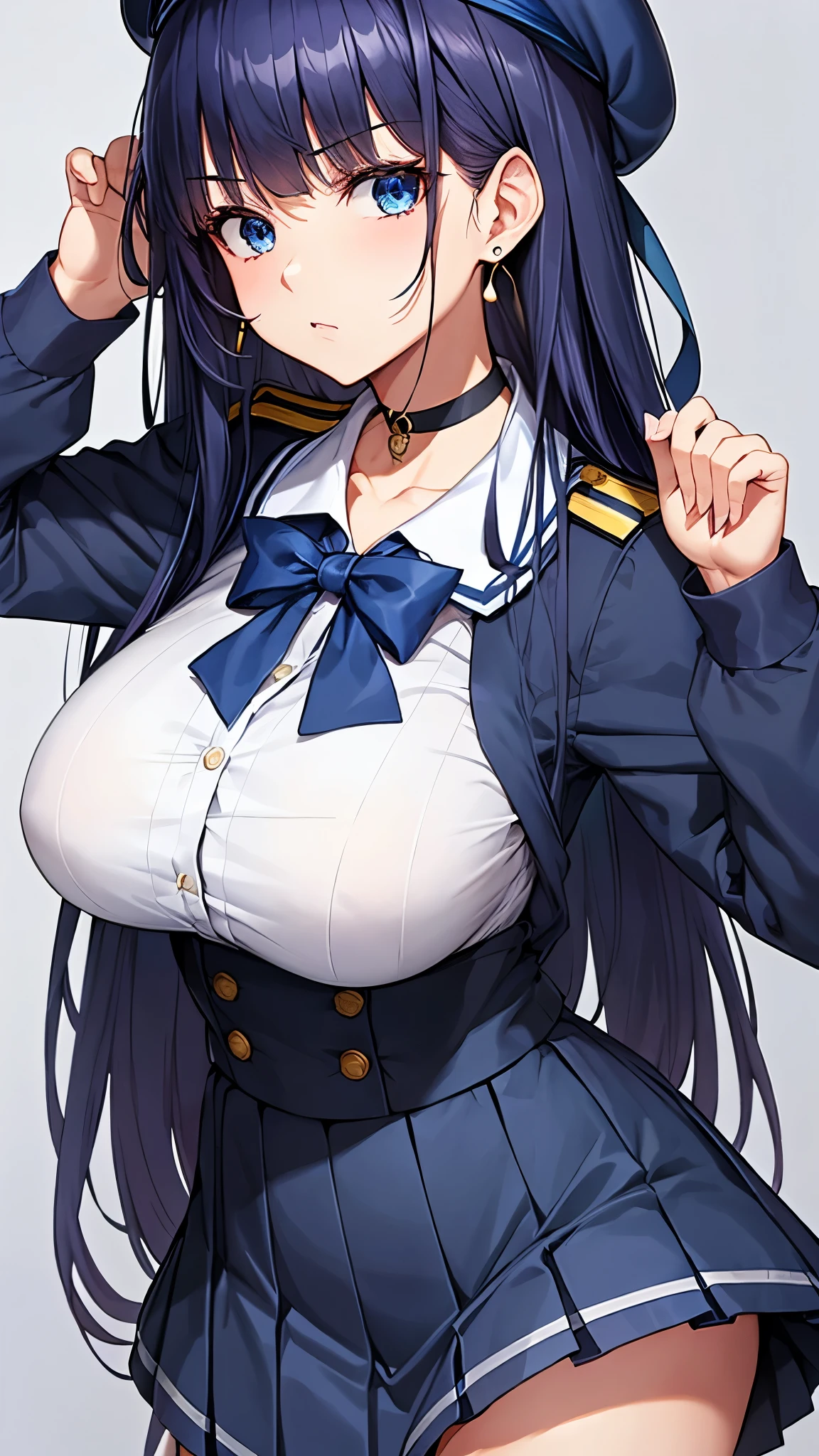 One Girl,{Knee-high socks}、(((Wide Hips)))、 (((Thick thighs)))、((Big Ass))、(Big Breasts) Embarrassed look,shortstack、whole body、Sexy pose,blue eyes、(Side Ponytail:1.1)、Black Hair、Rather long hair、Hair between the eyes、Hair Ribbon、Halo、choker、Idol clothes、Sailor collar、Attached sleeves、corset、Pleated skirt、Ruffled skirt