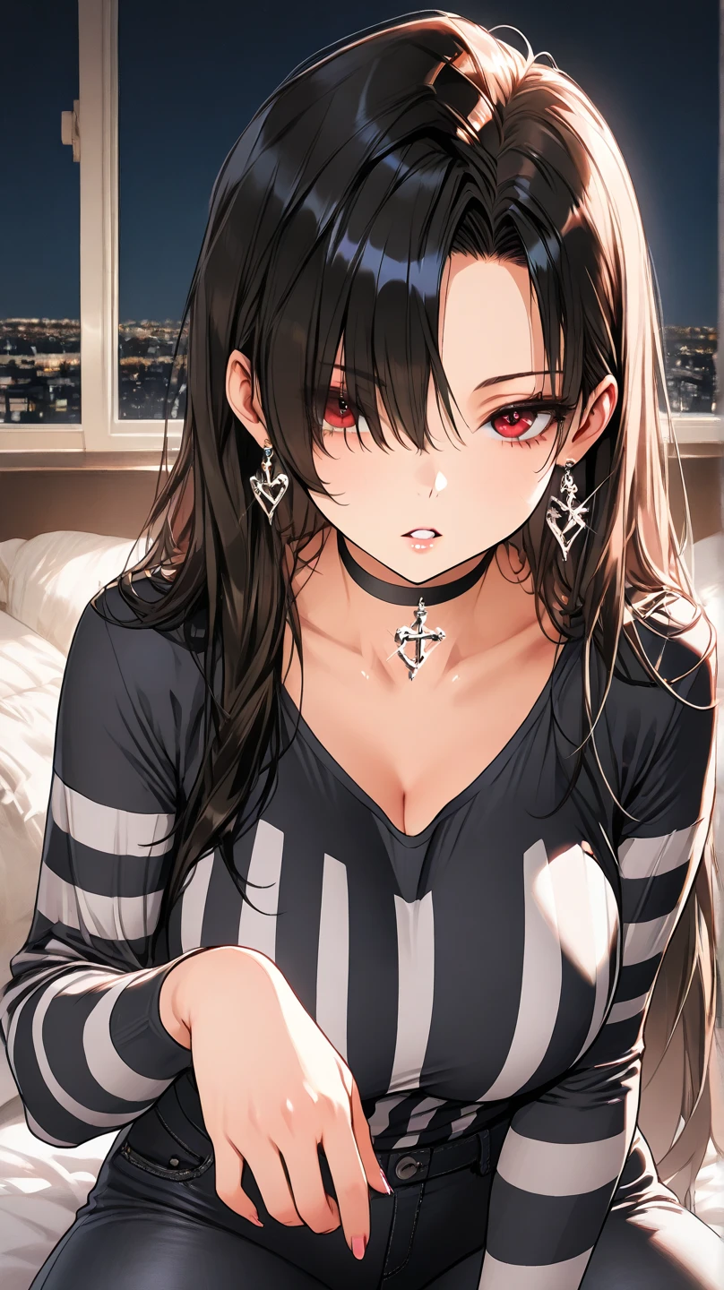 (Ultra-realistic,32k, masterpiece:1.2),(Skin with attention to detail:1.1),( 8K Ultra HD, Digital SLR, high quality:1.1),
Misato, Iris, Parted bangs,Black purple hair, Long Hair, Earrings, Cross Necklace, Red jacket, Long sleeve, Black Dress, , (Huge breasts:1.1),
(View your viewers, Lie in, From above:1.1),,(Upper Body:1.1),
,(Glow Wave:1.1),Blank Background