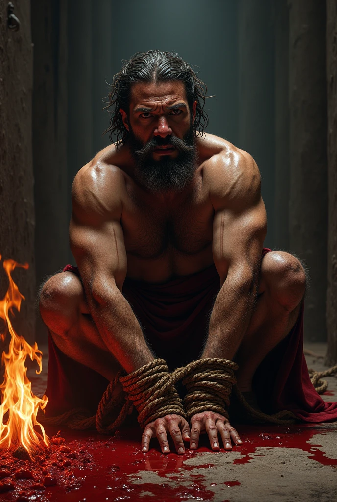 (best quality,4k,8k,highres,masterpiece:1.2),ultra-detailed,realistic, HDR,UHD, extreme detail description, professional, vivid colors, bokeh, portraits, dark, warm color tone, dramatic lighting, shirtless 18 year old boy, Muscles,Moustache, ropes, Crucified to wall both arms up over head