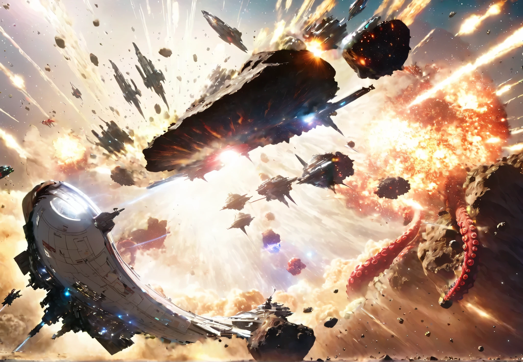 high quality DVD、4K、8k、 unrealistic、Photo、3d rendering、Fine Art、extreme detail、PROFESSIONAL、Vivid Colors、Bokeh、red octopus fighter groups from different civilizations that are deployed in a row、列をなして展開している、Spectacular Outer Space、dark atmosphere、Mysterious Energy、Metallic Texture、HIGH CONTRAST、dynamic composition