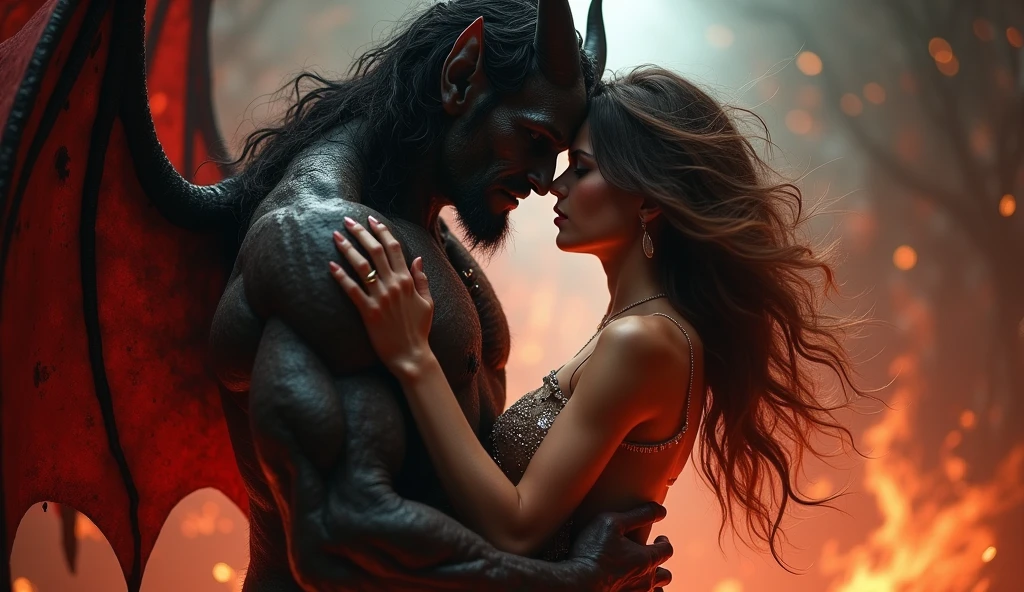 (best quality,4k,8k,highres,masterpiece:1.2),ultra-detailed,(realistic,photorealistic,photo-realistic:1.37),A terrifying horned demon passionately entwined with an enchanting human girl, (NSFW:1.3),soft lighting,gothic style,fine detail,dramatic shadows,vivid colors,sensual atmosphere,detailed facial expressions,demonic features,delicate skin texture,mesmerizing eyes,wisp-like tendrils,sharp focus,supernatural scene,hauntingly beautiful