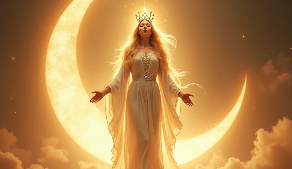 Extremely beautiful queen, hyperrealistic, dressed in sunshine, under his feet the half moon, with a scepter in his hands and a crown of 12 stars on his head