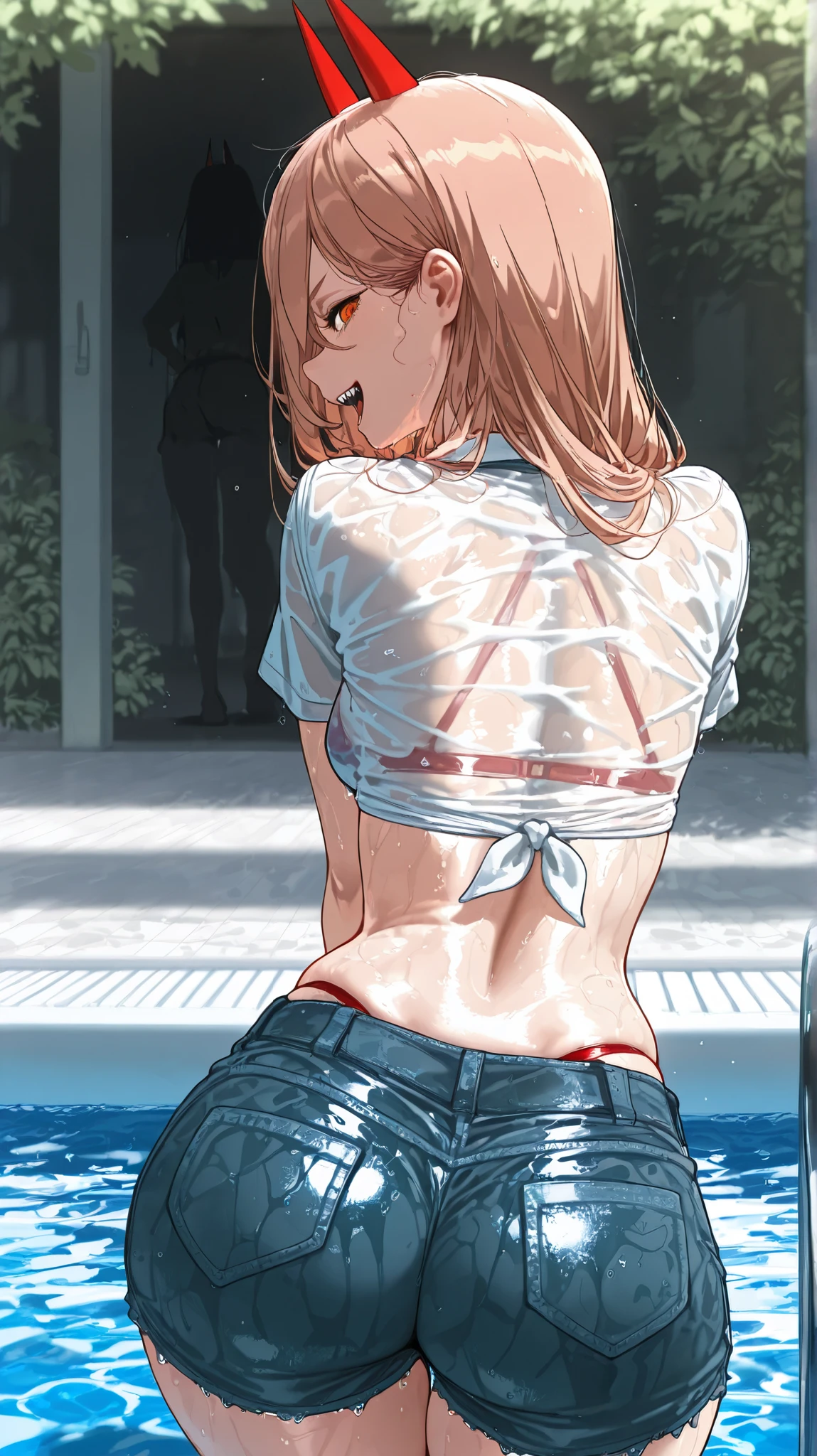 masterpiece, best quality, quality, Power, Chainsaw Man, school uniform looking at the spectator, looking at the viewer, rear view, Laughing with shark teeth, short top, apenas_shoulder, medium breasts, wide hips, wet, shorts jeans, ( bikini under clothes ), Fresh-bodied , outdoor, by the pool, shadow