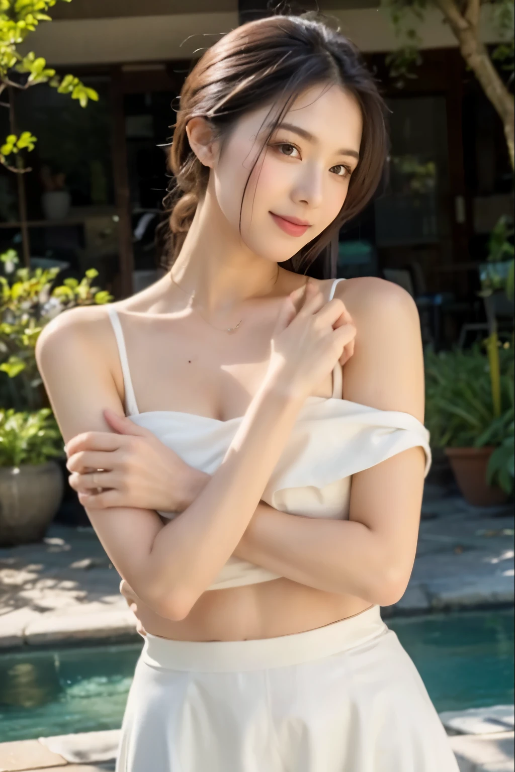 ,masterpiece, best quality,8k, ultra high resolution,Real light and shadow,lens,(beautiful eyes:1.1), (( medium view the scene is ,upper part of body)),dynamic poses,on a green meadow,The gentle goddess comes with gentle steps。She is wearing a white dress,A gentle breeze blew by,The skirt dances gently。The sun shines through the leaves into her hair,Reflecting her clear eyes and gentle smile。Colorful butterflies dance around her,Flowers bloom at her fee as if nature is cheering for her。