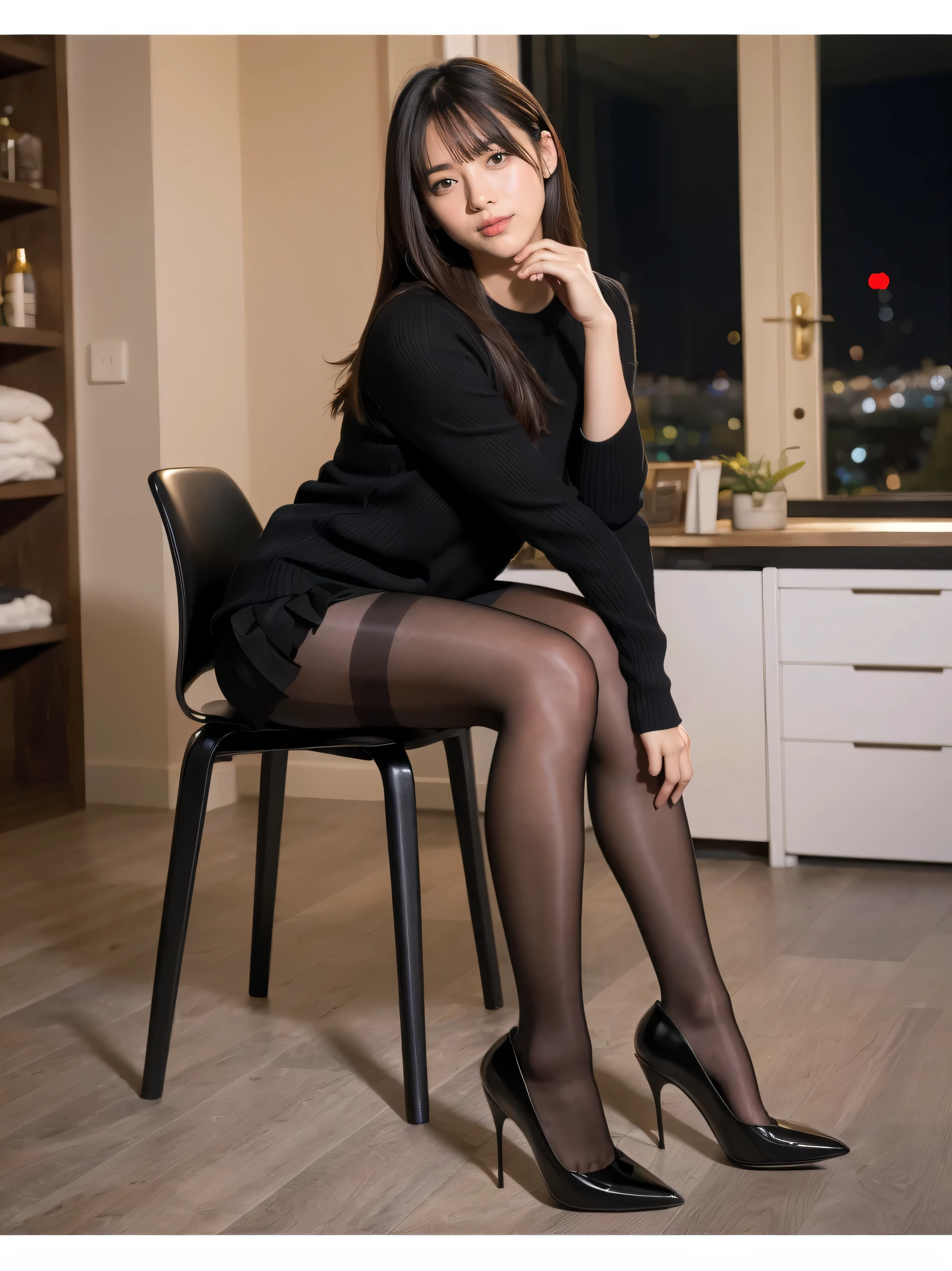 Pure young Japanese girl, wearing dark color classical suits and skirts, (pantyhose), loose chest, high heels, vivid makeup, natural black hair styles, sitting in antique gothic style rooms, spread wide legs, sweet smile, secret temptations, professional portrait photography,