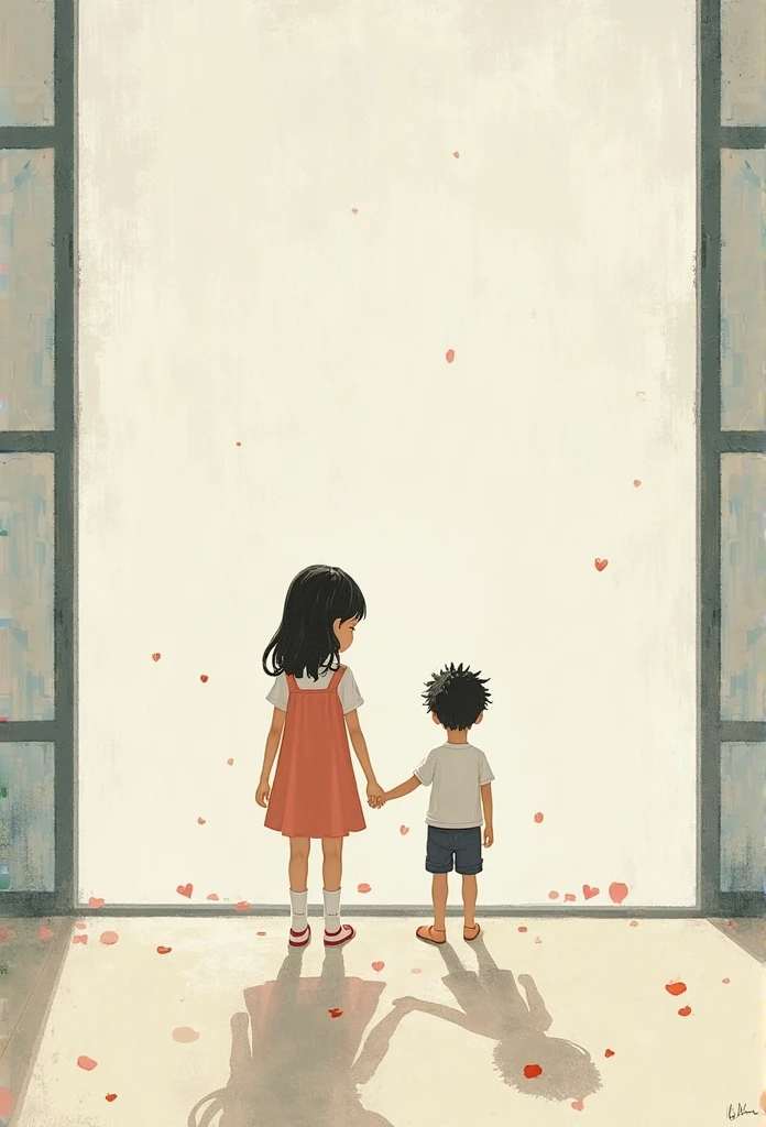 A boy is standing but with his back and a girl behind him unable to touch him a little lively 