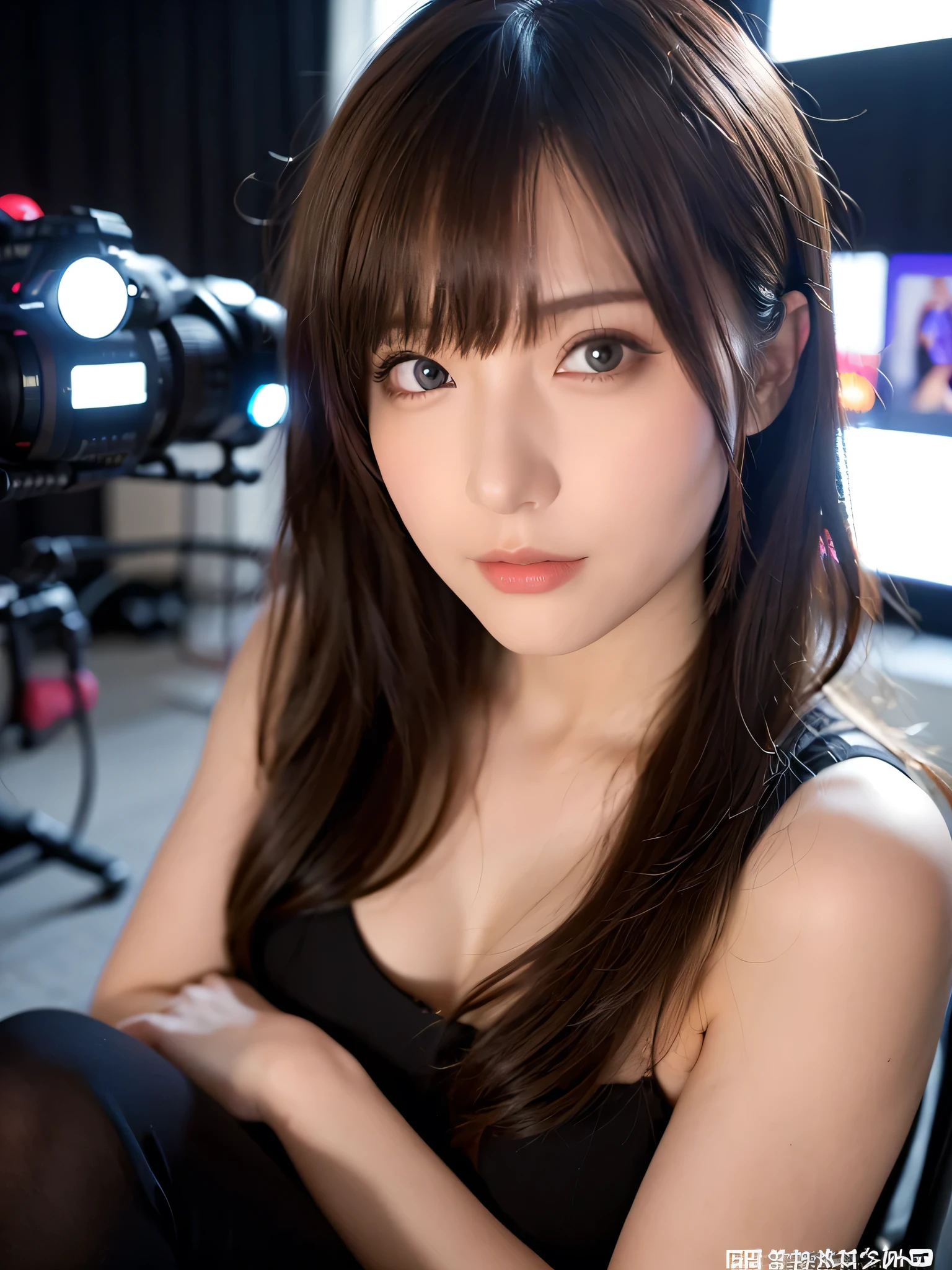 (masterpiece) , (best quality) , (reality: 1.3) , photorealistic, Octane rendering, (surreal: 1.2) , perfect features, Modern daily, (female high school anchor blushing live 1.5) , (hands between legs 1.5) , slight tremors, recording, camera, live broadcast equipment, (electronic devices1.2),(electronic equipment live broadcast room1.5),(mature female), Original, extremely detailed wallpaper, highly detailed illustrations, (1 Girl) ,(best lighting) , (super-complex details) , 4K unified, (super-detailed CG: 1.2) , (8K: 1.2)，