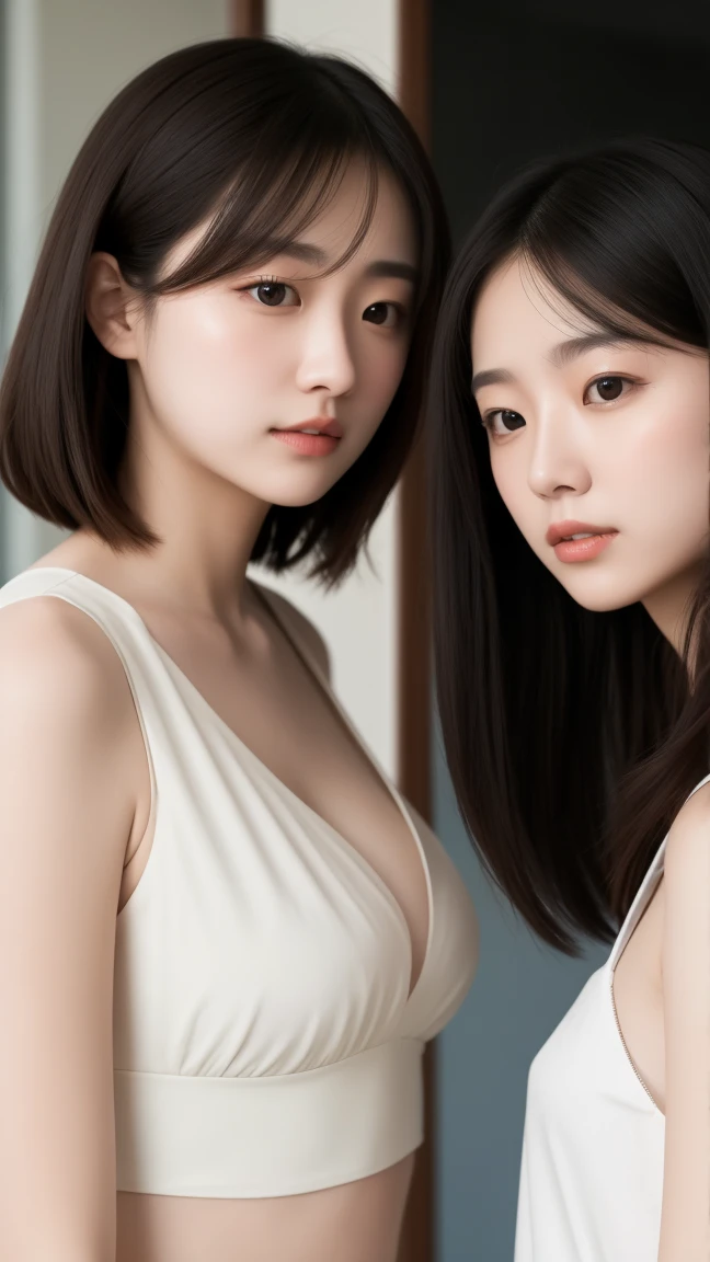 ((masterpiece, Highest quality, Super detailed)), Adorable girl, Facing the camera, Realistic, , Very detailed, Sharp focus, Perfect Face, Perfect Style, Super detailed, Atmospheric, High resolution, Vibrant,, ((Black Background)), Sexy Face, Long Hair, (膨らんだLarge Breasts, Ample cleavage),  Two women，Equal height，Facing each other，Two bodies approaching，、Photo of the two of them、Holding hands and facing each other、向かい合うPhoto of the two of them、Push each other、Stick your boobs together、hug、Embrace each other((Hug me))、Huge 、Super big breasts、Large Breasts、Shorts、Tank top、Belly button