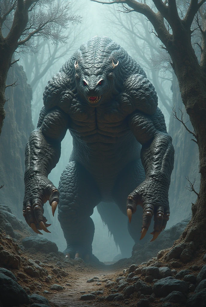 "Design a tiger and Komodo dragon fusion with glowing eyes and intertwined scales and fur, exuding raw, terrifying power."
