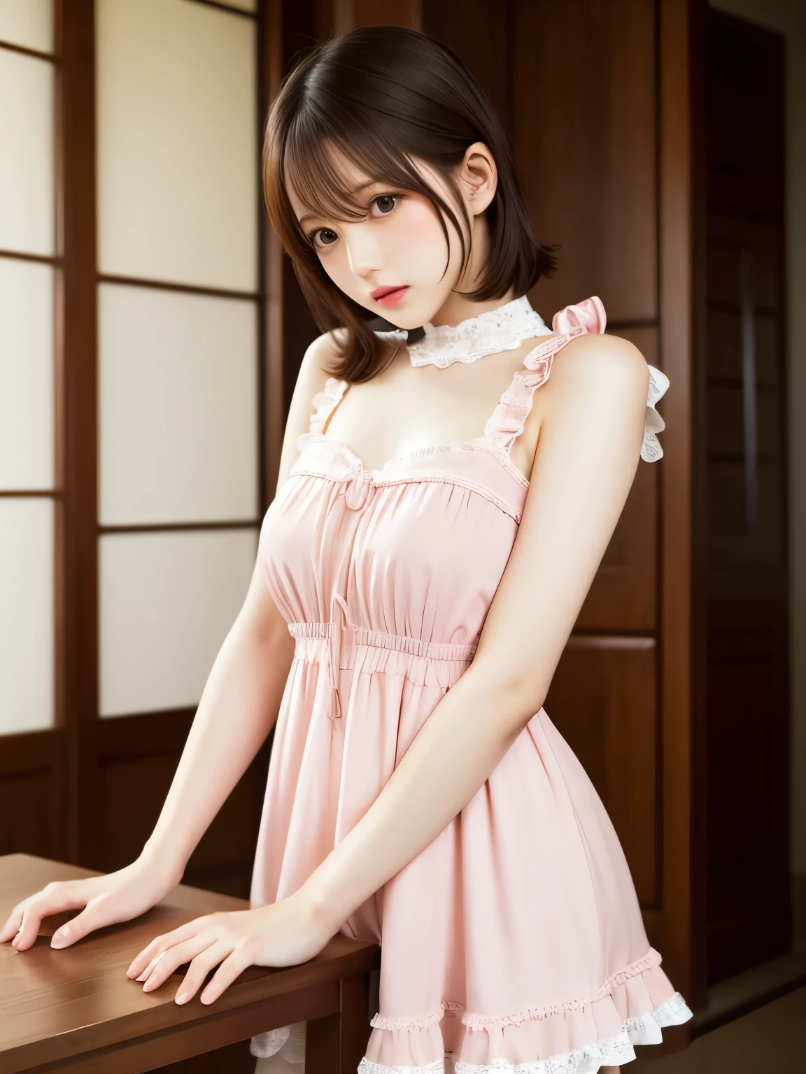 (highest resolution, clearly_ images), top quality, masterpiece, Pink ta Dress Loliapanese actress face、light makeup、embarrassed expression、Perfect limbs、short hair、Table sex、putting hands on the table、Press your crotch against the corner of the table、Pleasure、plump body