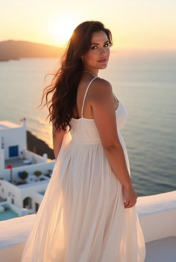 stunning Instagram image of Isabella Seraphina, a beautiful and sexy brunette girl with massive tits and captivating brown eyes and seductive siren eyes. She is posing gracefully by the edge of an infinity pool overlooking a breathtaking sunset. Isabella is wearing a chic, flowing white sundress that catches the soft evening breeze, adding elegance to her look. Her long hair cascades down her shoulders, slightly tousled by the wind. The background features a panoramic view of a serene ocean with the sky painted in hues of orange, pink, and purple. She stands barefoot, with one hand gently touching her dress and the other resting on her hip, exuding confidence and charm. The soft lighting and reflections from the water enhance her radiant beauty, making her the focal point of the image,