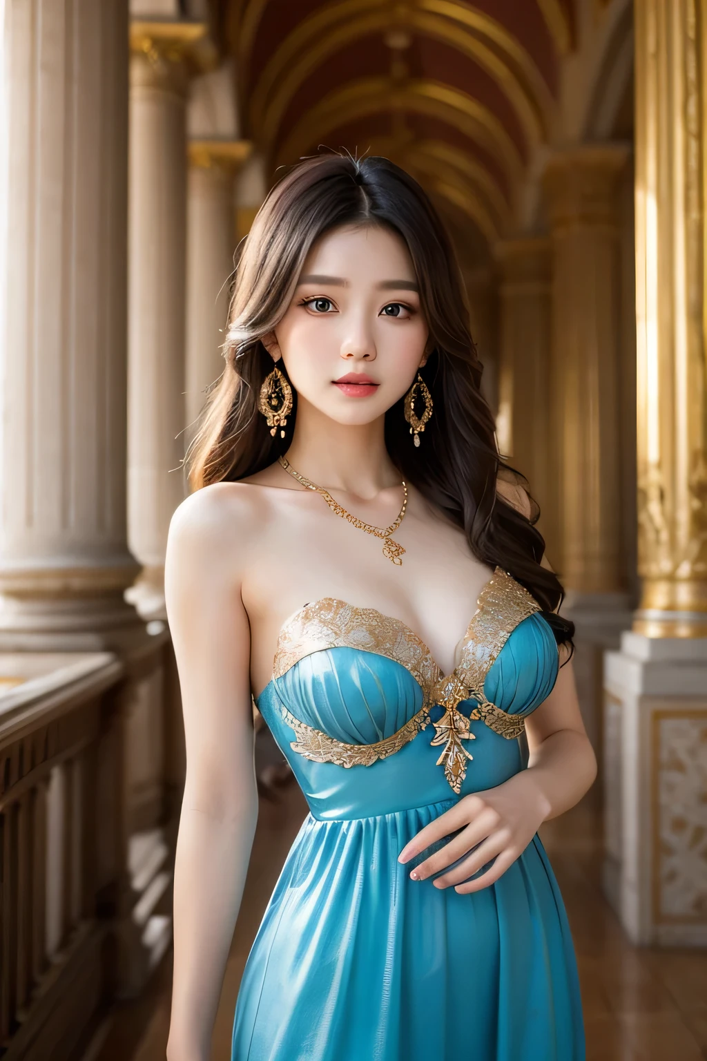 High-quality work,Realistic works,Super premium graphics,8K HD CG works,high quality graphics,High-definition and exquisite CG works,10x pixels,Ultra-fine details:1.1,Advanced technical details:1.1Realistic photo effects,Interior lighting effects:1.5,natural soft light:1.5. Light effect(Virtual light effects:1.8),ultra high resolution,shining dress,sliver long hair,silber hair,transparenthair,high detailed hair(Quality hair details:1.1)Clear eyes,Double eyelids look good,Sharp eye makeup, Create exquisite eyelash makeup, tthin eyebrows, Ultra-detailed eyes,a tall nose, lovely red lips, rosey cheeks, With delicate makeup on her face , pretty face, The face shape is perfectly proportioned,(Advanced facial details:1.1)8K, UHD, Masterpiece, extreme quality, 1 girl, good face, detailed eyes, very long hair, detailed lips, small breasts, detailed empress fantasy dress, cyan fantasy dress, ((glowing dress:1.5)), lace, (bare waist:1.5), flowing sardine, beautiful fantasy, fantasy empress, beautiful alluring Realistic art, shining skin, in the balcony, Realistic shadow, depth of field, ray tracing, god rays, bloom, bokeh effect, , Women's artwork,Dress full body video,Realism,Amazing Cleavage,My eyes are very bright today