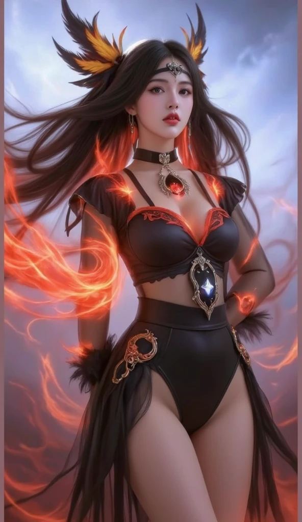 potrait, (digital painting:1.4), beautiful woman, black hair, blue eyes, standing, facing viewer, (magic_robe, red), lace, hips, legs, background, magic forest, fireflies, detail tinggi, oktane render, ultra hd, 8k --auto --s2