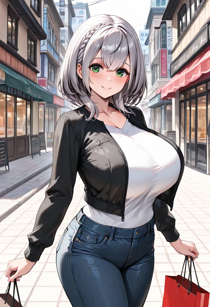 masterpiece, best quality, beta, silver hair, white shirt, frills, pencil skirt, cleavage, large breasts, walking, stairs, city street, clouds, sky, looking at viewer, smile