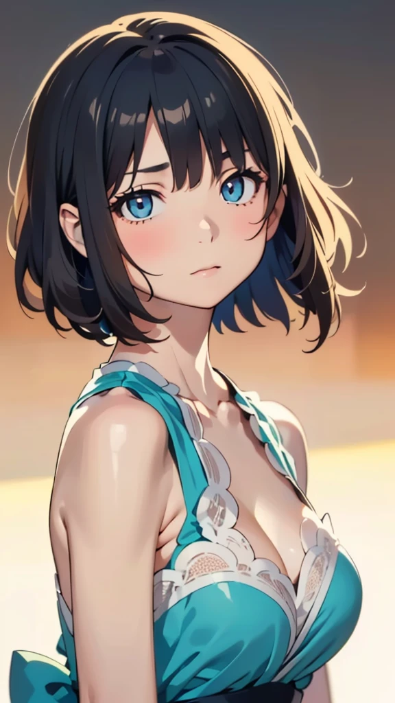 White off-the-shoulder bikini on the beach in Palau(Bikini without shoulder straps、No shoulder straps、Shoulder out)Surreal portrait of a schoolgirl in Japan, Inspired by the technique of Antonio López, Chuck Close, Ron Mueck, Richard Estes, and Marilyn Minter.