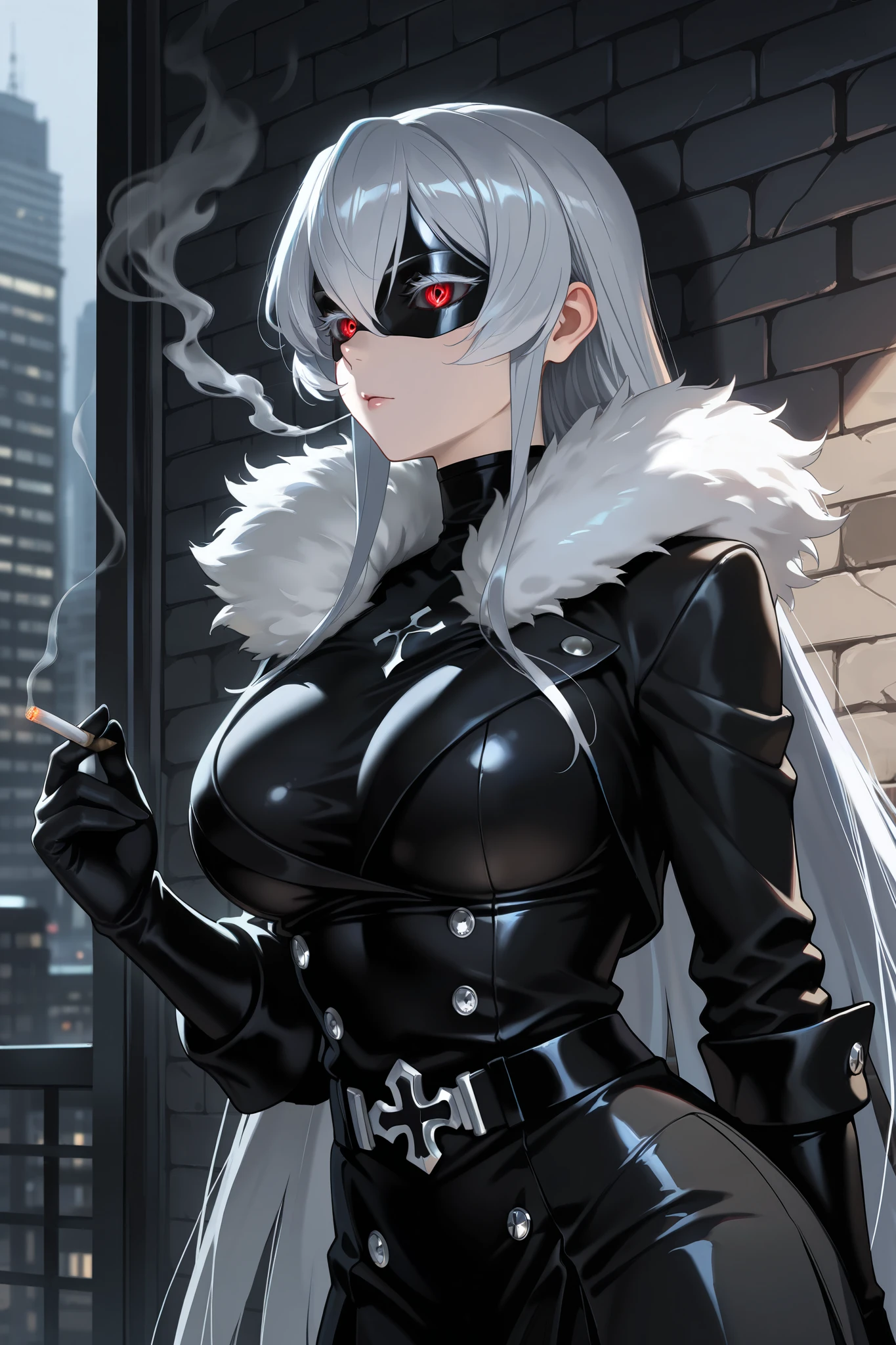 Black Cat huge breasts, short underwear, black mask. Suggestive pose, on the edge of building. Jacket with white hair