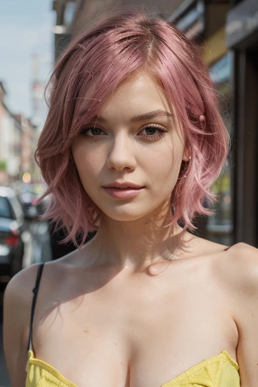 arafed woman with shoulder length pink hair, gorgeous model, photorealistic, beautiful body and face, 4K, HDR, (sharp focus:1.2), photo, depth of field, bokeh, white tshirt and jeans