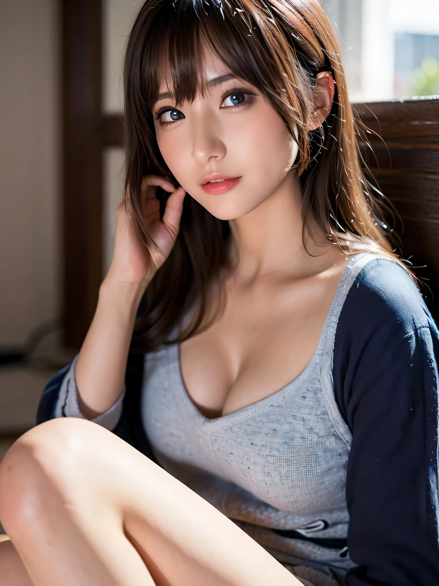You are a professional photographer。masterpiece、８K、Highest quality, Soft Light, Ultra-high resolution, (Realistic:1.4), RAW Photos,24 years old Japanese, alone, cute, bangs、(pupil, Light in your eyes),  Beautiful face in every detail, (Small box),(High resolution detail of human skin texture),Cleavage
、Biker、Bike-loving girl、Wear a rider's jacket、Accurate background、wear a tight miniskirt、Claim your legs、Knee-high boots
、(Portraiture)