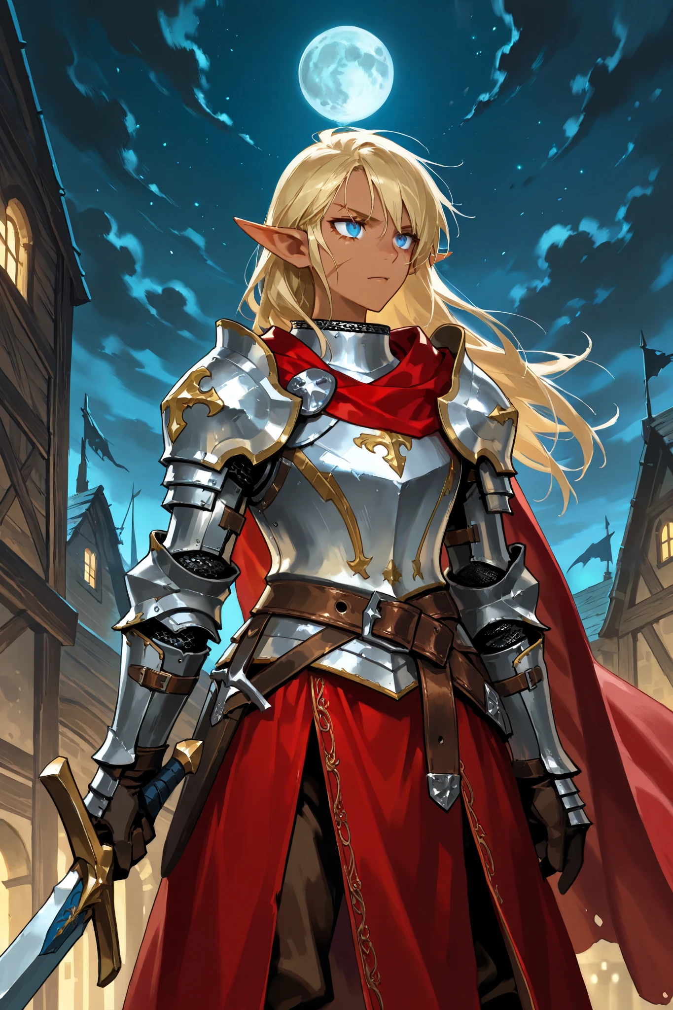 half elf, solo, female, tan skin, long blonde hair, blue eyes, scar on her left eye, armored dress, wearing plate armor, red cape, silver shoulder guards, leather belt, black gloves, wielding a longsword, (suspicious, stern), white and red medieval trousers, knight, paladin,  night scene,  colonial style buildings, full moon in sky, [[caviler era clothing, pirate era clothing]], dungeons and dragons, fantasy art, close up, npcp
