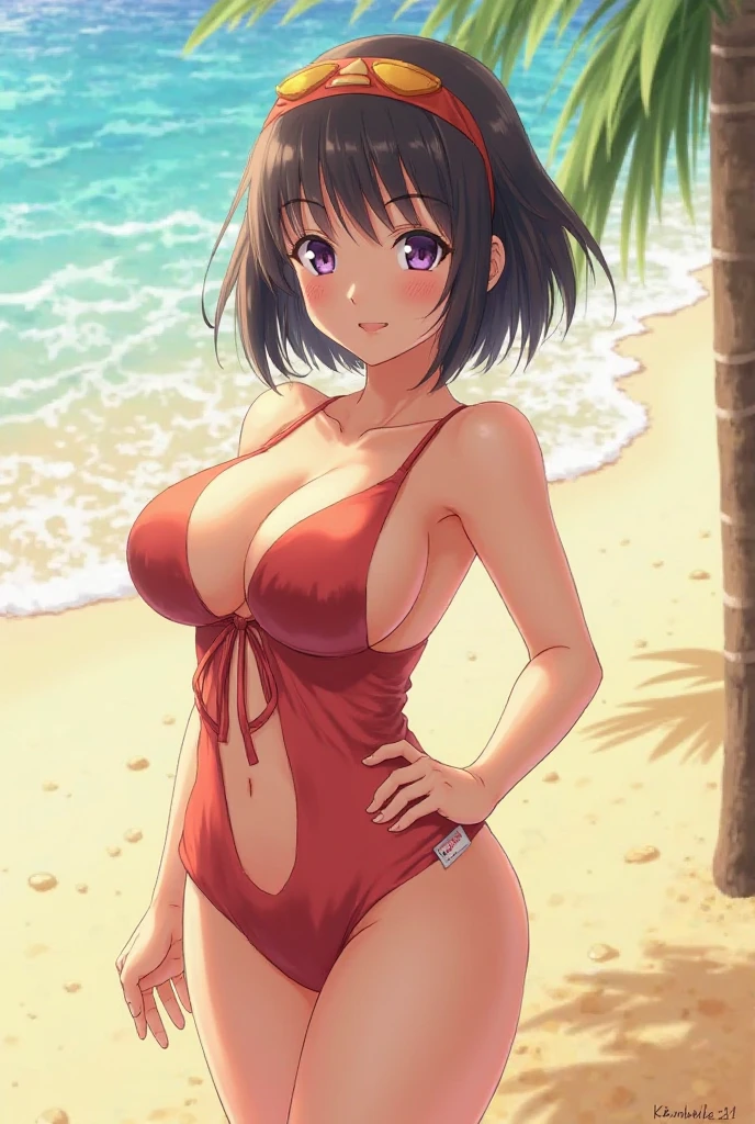 Anime girl, blue eyes, black short hair, muy voluptuosa, teen, medium breast, shy smile, wallpaper, cute red dress, strap, breasts bounce, desert island, coconut trees, house