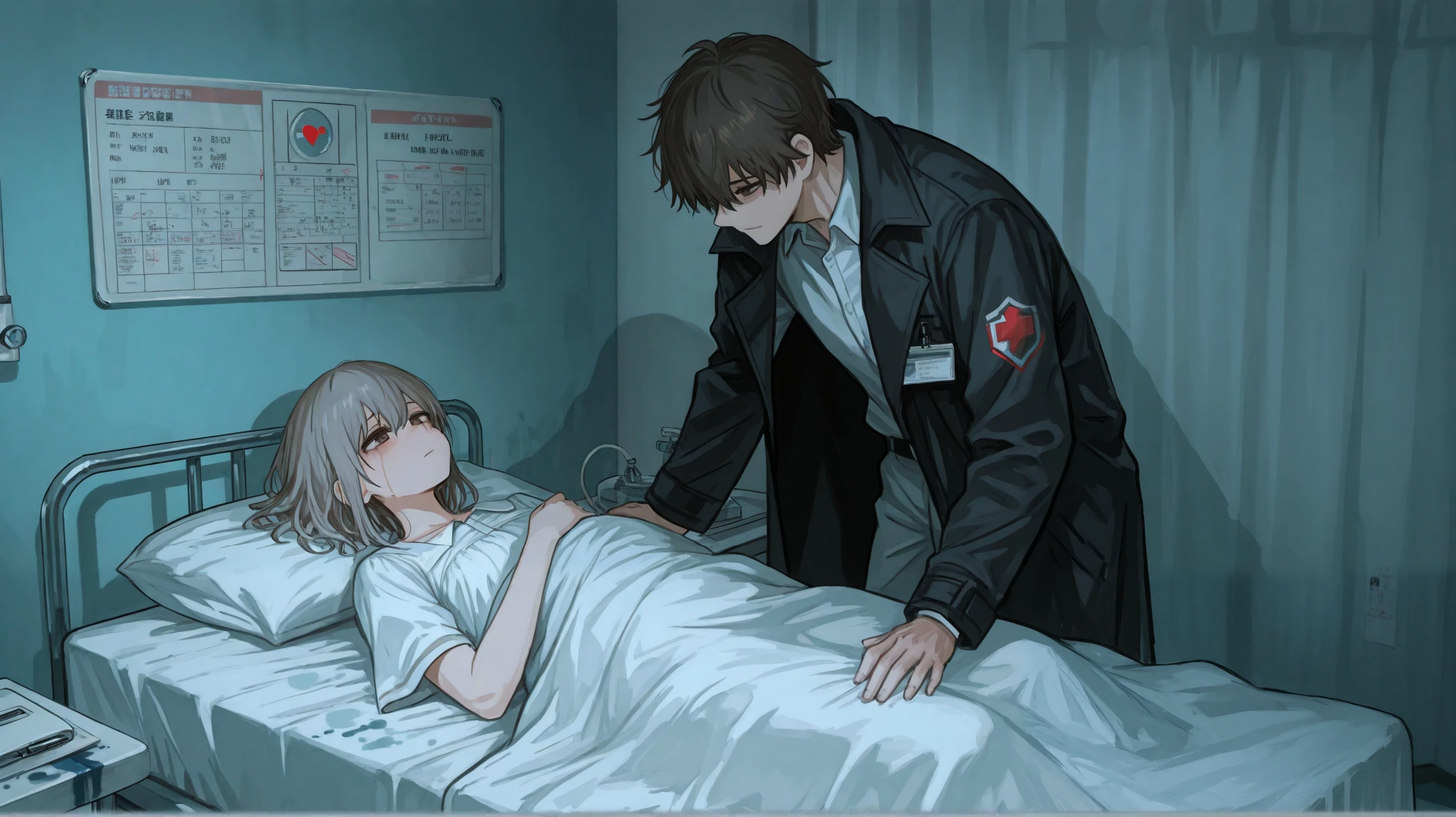 A private hospital room bathed in soft, sterile light. The steady beeping of a heart monitor fills the quiet space. The air carries the faint scent of antiseptic and fresh linens.
Ethan Carter lies motionless on a hospital bed, his face calm, his dark hair neatly styled. A thin blanket covers him, the only sign of life being the rhythmic rise and fall of his chest.
Standing beside the bed, Sarah Miller looks down at him. She wears a modest white dress, her chestnut brown hair gently falling over her shoulders. Her deep brown eyes remain steady as she observes the man who is now her husband.
A few steps behind her, an elderly woman with silver hair stands with quiet authority. She wears an elegant dark coat, her gaze fixed on Sarah.
The pen in Sarah’s hand hovers over a marriage certificate on the bedside table. The only sound in the room is the soft scratch of ink as she signs her name.