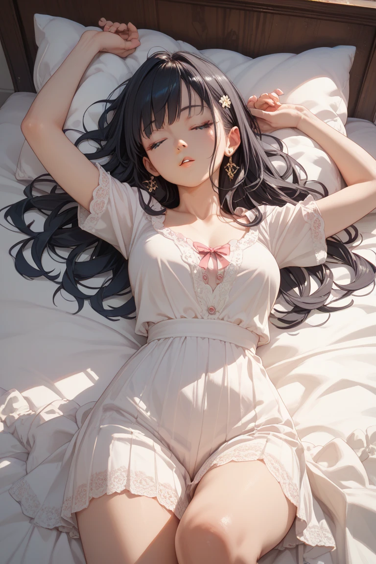 black hair long bed While sleeping spread arms