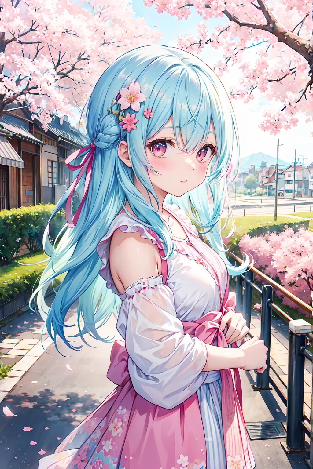 Masterpiece, high quality, pixel art, 1girl, sky blue hair, green eyes, pink dress, long hair