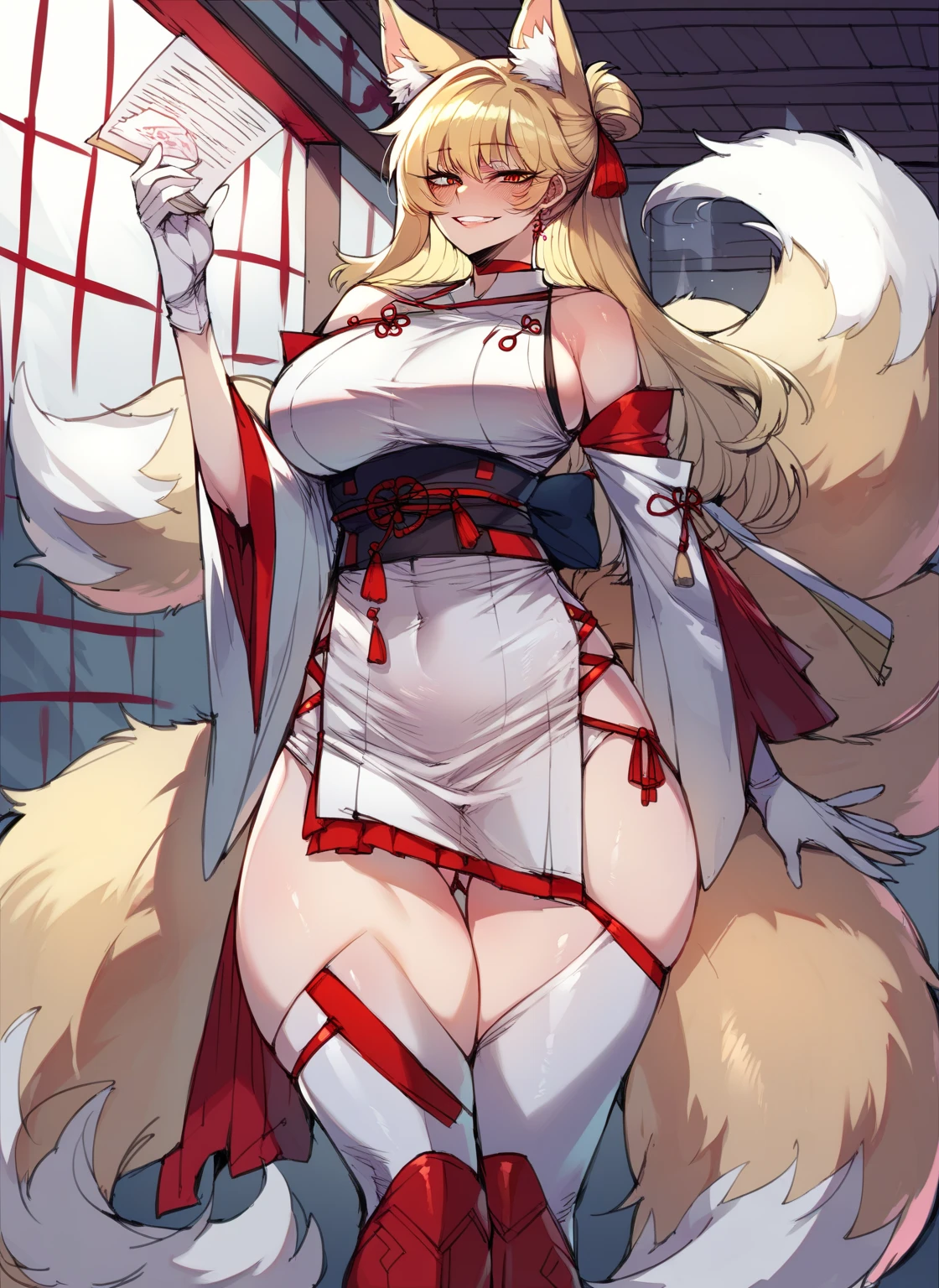 Upper body standing painting, White skin, (Fox ears), Exquisite eyes,Red Eyeshadow, Red lips,White skirt,Fake laugh, Ukiyo-e, masterpiece, high quality, at the lowest limit, Tiny,White boots,Huge breasts,The navel leaks out